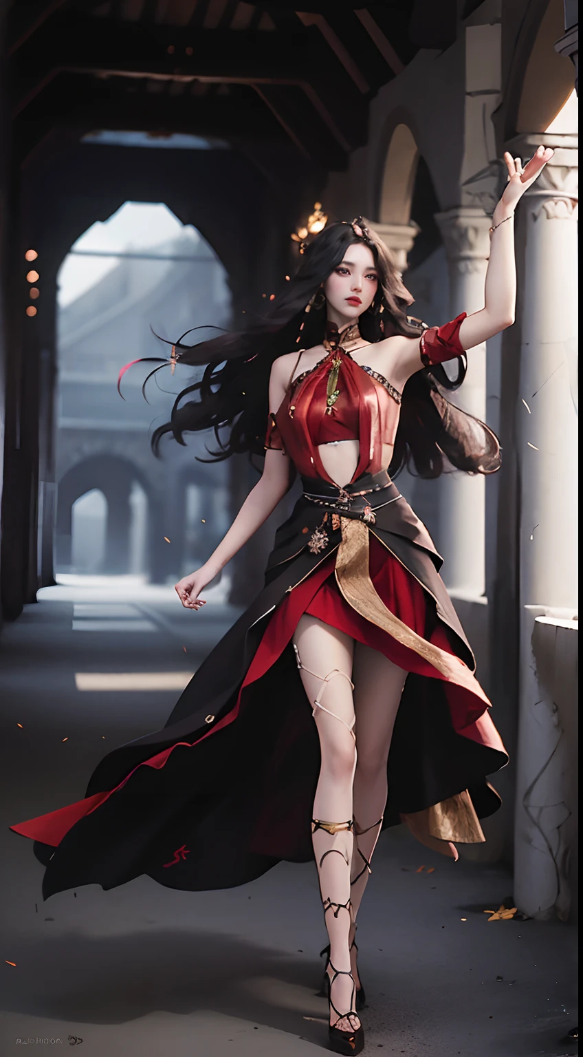 High quality, masterpiece, masterpiece, exquisite facial features, exquisite hair, exquisite eyes, exquisite color hair, 4K picture quality, gorgeous light and shadow, Tyndall effect, halo, messy hair, young state, gorgeous scene, exquisite clothes, chains, feathers, ancient chinese beauty with big eyes very detailed, digital painting, artstation, concept art, sharp focus, illustration, art by greg rutkowski and alphonse mucha and victo ngai, full body workout