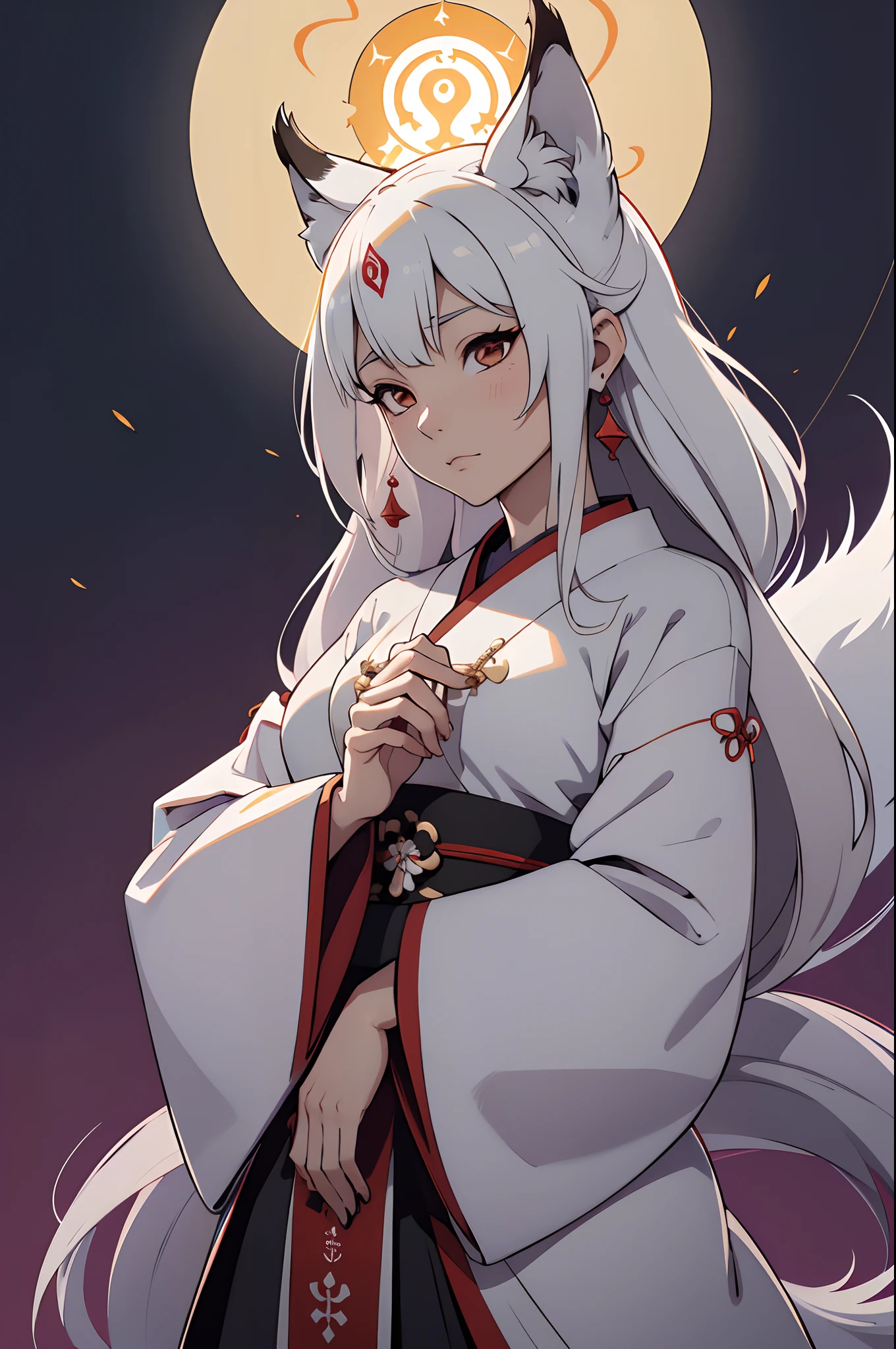 sacerdotisa kitsune mostrando su poder, invocando al kyubi, bigotes kyubi, orejas kyubi, nueve colas kyubi, poder espiritual, rostro enfadado, (UHD, 8K, maxima resolucion, ultra detallado), obra maestra, muy detallado