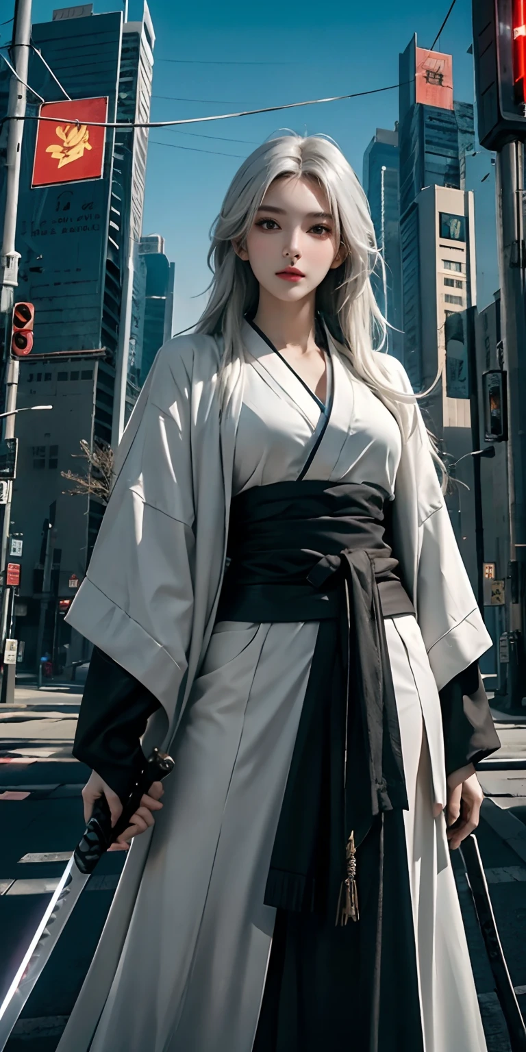photorealistic, high resolution, soft light,1women, solo, hips up, (detailed face), white long hair, cybersamurai, cyborg, cyberpunk, cyber armor, holding weapon,glowing,on the street , kimono , sniper looking at the target, katana,cloak