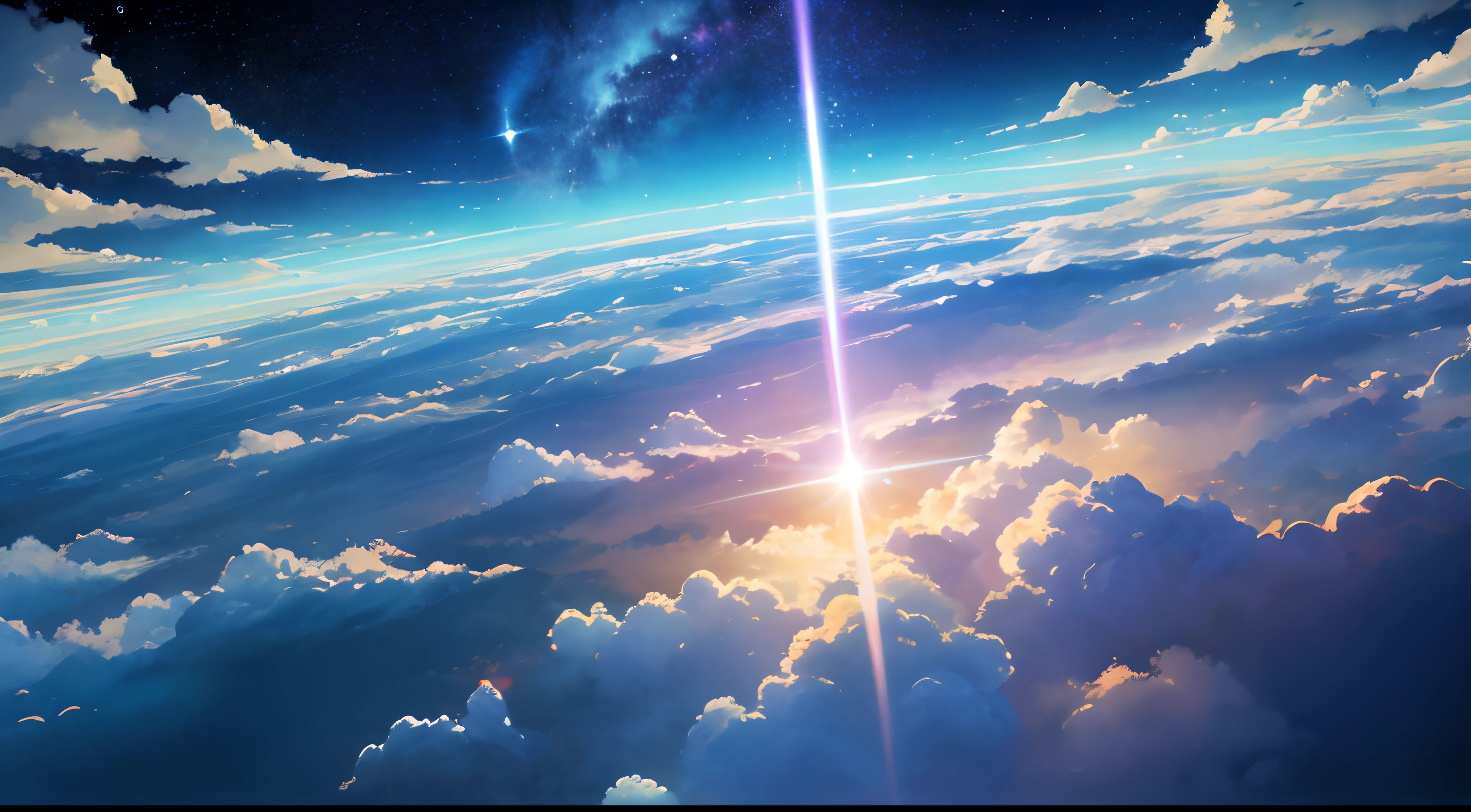 (best qualtiy),(tmasterpiece),(ultra - detailed),(high detal),(The is very detailed),The subject:Anime Sky Dream Medium:Digital illustration or traditional painting。 Resolution:4000x2000 pixels。 Color Palette:Pastel pastel colors blend with vibrant hues。 sentiment:magical、aethereal、peacful。 composition:Wide sky,Floating islands,Whimsical clouds and other fantastic elements。 illuminating:Soft and diffuse lighting,It emits a warm golden glow。 styled:style of anime,With a touch of fantasy and surrealism。 the detail:Including meteors、Colorful nebula、Elements such as fluffy clouds and mysterious creatures。 Inspiration:Anime fantasy world、studio ghibli movie、Surreal art and celestial images。 camera settings:Nothing(Because it is a digital illustration)。 Additional Notes:Emphasize the vastness and beauty of the sky by creating a sense of depth and space。Try various cloud formations and shapes,From fluffy cumulus clouds to slender cirrus clouds。Combined with satellites、Celestial elements such as stars and galaxies,to enhance the fantastic atmosphere。Use soft strokes and blending techniques,Create a seamless and ethereal look。Use lighting effects,Such as soft sunlight or glowing spheres,Add a magical touch。Consider adding whimsical creatures like wyverns or floating jellyfish,Bring a sense of wonder to the scene。Don't be afraid to let your imagination soar,Create a fantasy world that captures the essence of anime fantasy。