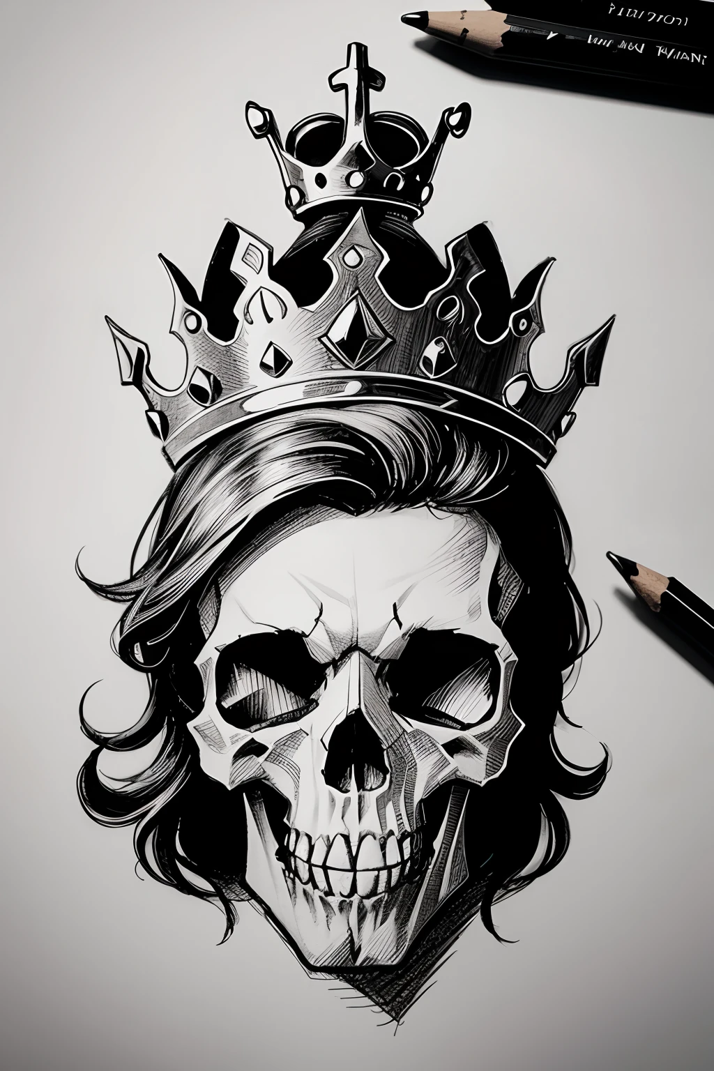 Draw a skull with a crown in pencil, Cartoon style, simple line, No faces or other details