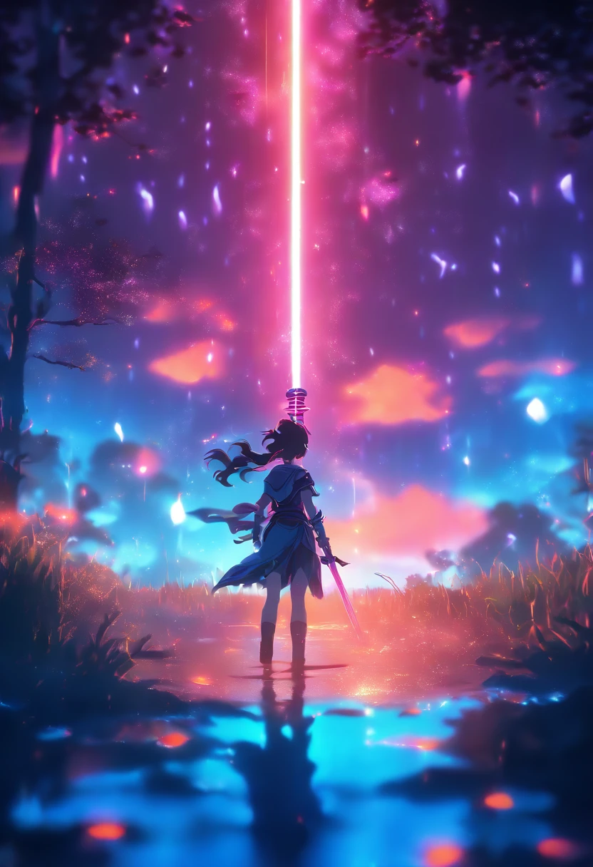 (Masterpiece:1.2), best quality, (illustration:1.2), (ultra-detailed),Eye focus,(Masterfully crafted Glow), (Cinematic background), hyper details, (delicate detailed), (intricate details), octane render, hdr, (hyperdetailed:1.15), (soft light:1.2) paint teardrops, entirely paint, splat, splash,(Cinematic masterpiece), fierce, powerful, splashes of colour absolutely eye-catching, (Cinematic headlight), ((caustic)), dynamic angle, beautiful detailed glow, ambient occlusion, ambient light, raytraced reflections,(best illumination, an extremely delicate and beautiful), ((cinematic light)), (soft:2), landscape, dreamscape, neon lights ,trees, starry skies, moon, sun, golden hour,(glowing spear)