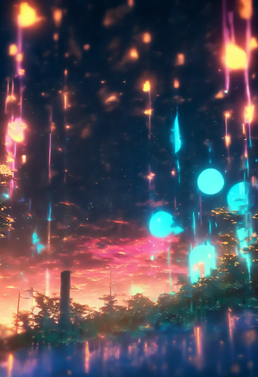 (Masterpiece:1.2), best quality, (illustration:1.2), (ultra-detailed),Eye focus,(Masterfully crafted Glow), (Cinematic background), hyper details, (delicate detailed), (intricate details), octane render, hdr, (hyperdetailed:1.15), (soft light:1.2) paint teardrops, entirely paint, splat, splash,(Cinematic masterpiece), fierce, powerful, splashes of colour absolutely eye-catching, (Cinematic headlight), ((caustic)), dynamic angle, beautiful detailed glow, ambient occlusion, ambient light, raytraced reflections,(best illumination, an extremely delicate and beautiful), ((cinematic light)), (soft:2), landscape, dreamscape, neon lights ,trees, starry skies, moon, sun, golden hour,(glowing spear)
