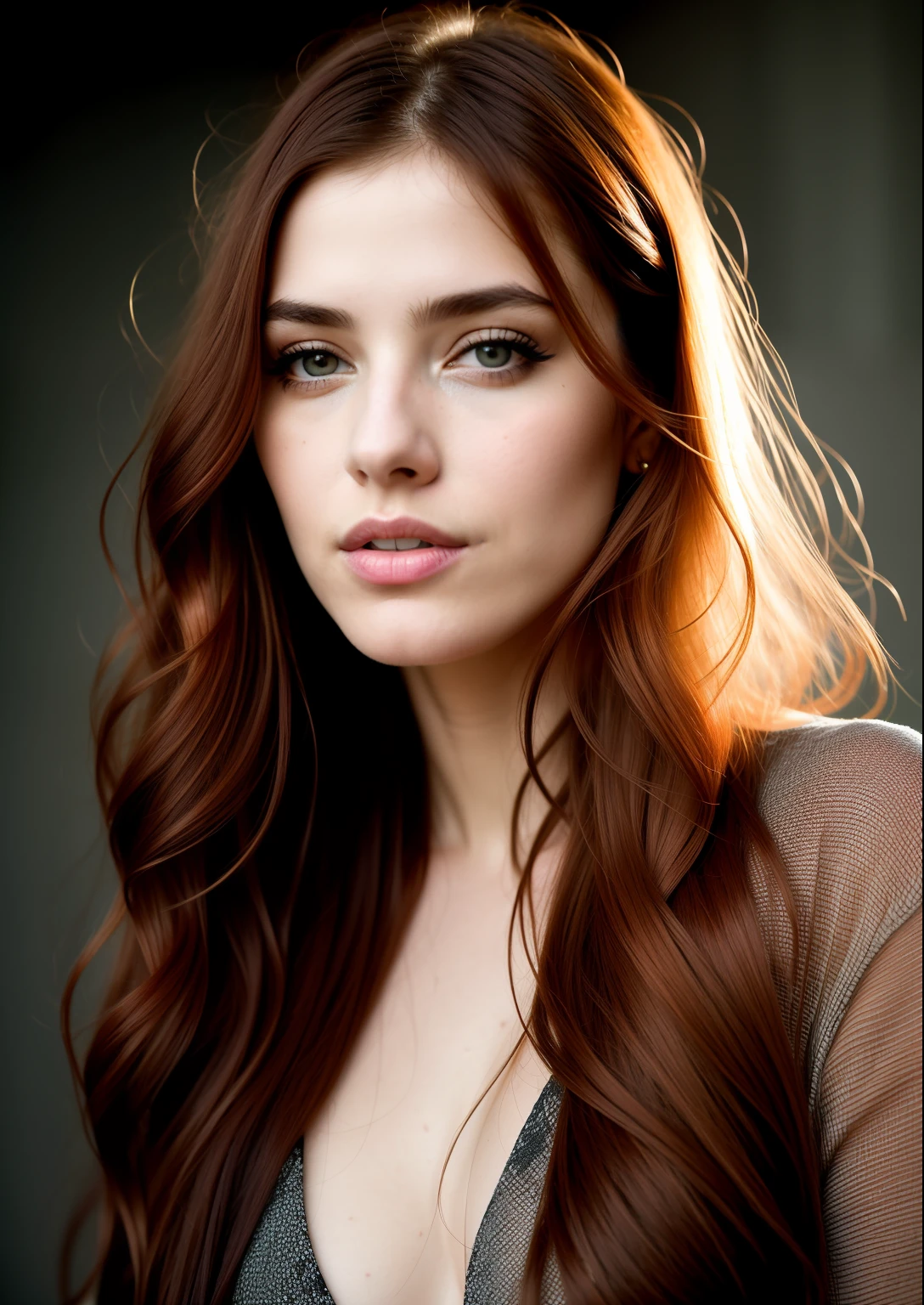 RAW, analog style, A stunning portrait of a young, beautiful woman with striking features. She should have long, flowing red hair, a captivating gaze, and an alluring expression. The background should be neutral and simple, allowing the woman to be the image's focal point. Please pay close attention to the details, such as the highlights and shadows on her face and hair, to create a lifelike and realistic image. Experiment with different lighting techniques to enhance the mood and atmosphere of the portrait. The final product should be a masterpiece that captures the essence and beauty of the woman, ((highly detailed skin, skin details)), sharp focus, volumetric fog, 8k UHD, DSLR, high quality, film grain, Fujifilm XT3, full body