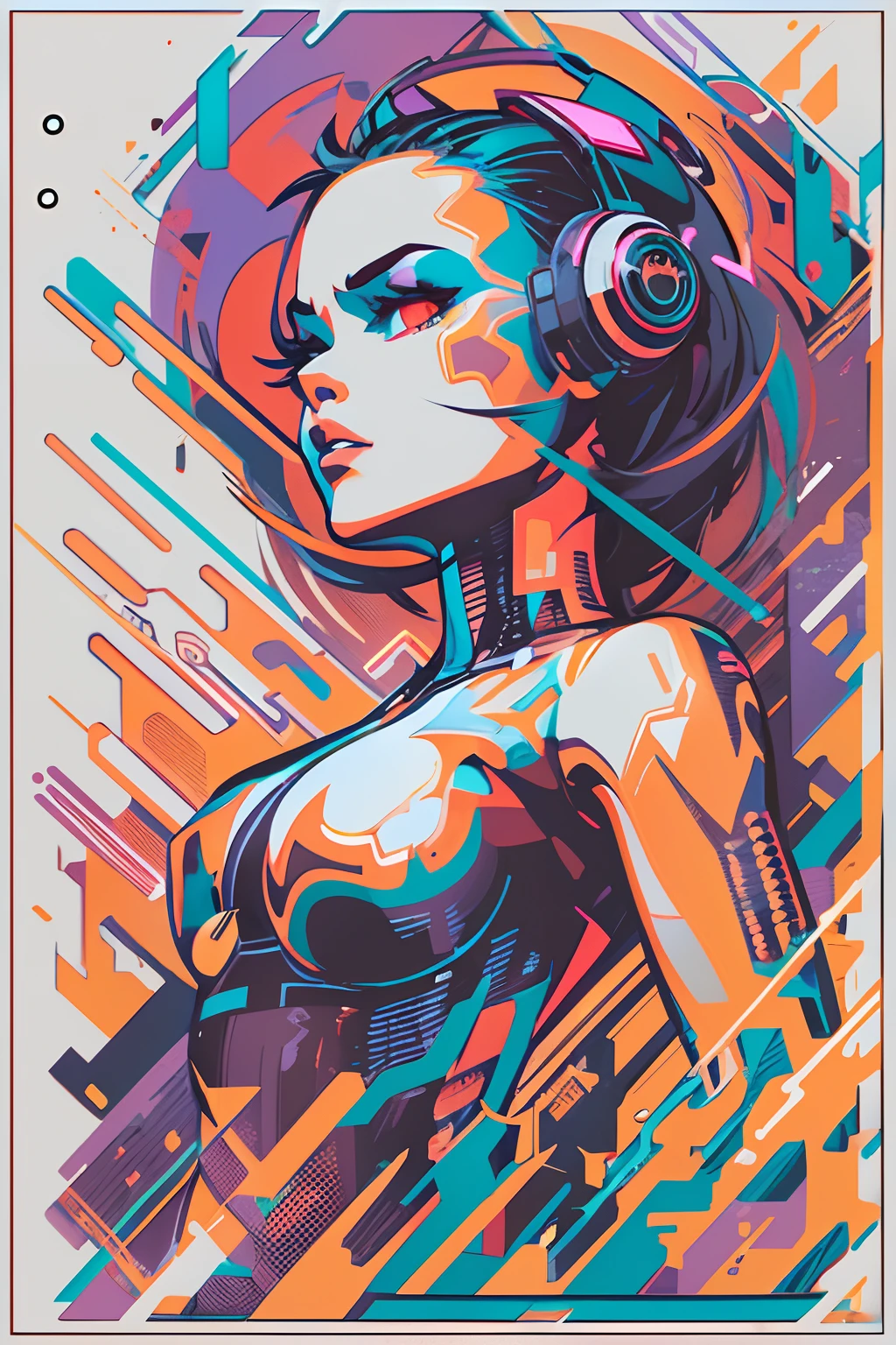 graphic design t-shirt, flat design, futuristic cyberpunk girl in mix of tones, sexy body, topless, flashing tits, small tits, metal skin, metal , laser beams, colorful tones, clean highly detailed, vector image, smoke explosion, simple background, flat white background, bright vector ((white background) )