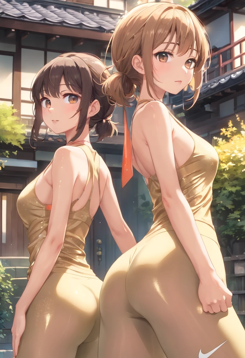 18year old, (tmasterpiece: 1.4), (8K, Realiy, Photo Raw, top-quality: 1.4), japanse, (1 rapariga), kawaii faces, (real face: 1.4),beatiful detailed eyes, (authentic skin: 1.3), Beautiful skins, good-looking, 超A high resolution, Ultra Photo Realism, K HD |, the golden ratio, (详细的脸: 1.4) With short black hair,(Nike Fit Athletic Wear:1.5), Dynamic Pose, (ABS Development:1.5), (fıt body:1.5), (small tits:1.5), (flat breast:1.5), (Natural light outside the house:1.5), (focus on hips:1.5), (erectile nipple:1.5), (Spandex Pantyhose:1.5), (Skin color is visible through pantyhose:1.5), (Turn around and show your ass:1.5), (Japan athletes:1.5), (See-through tights:1.5), (2 Girls:1.5), (Emphasize ass:1.5), (Flare), (wet wear:1.5), (Thin body), (dark tan:1.5), Thorn dress between lega,showing