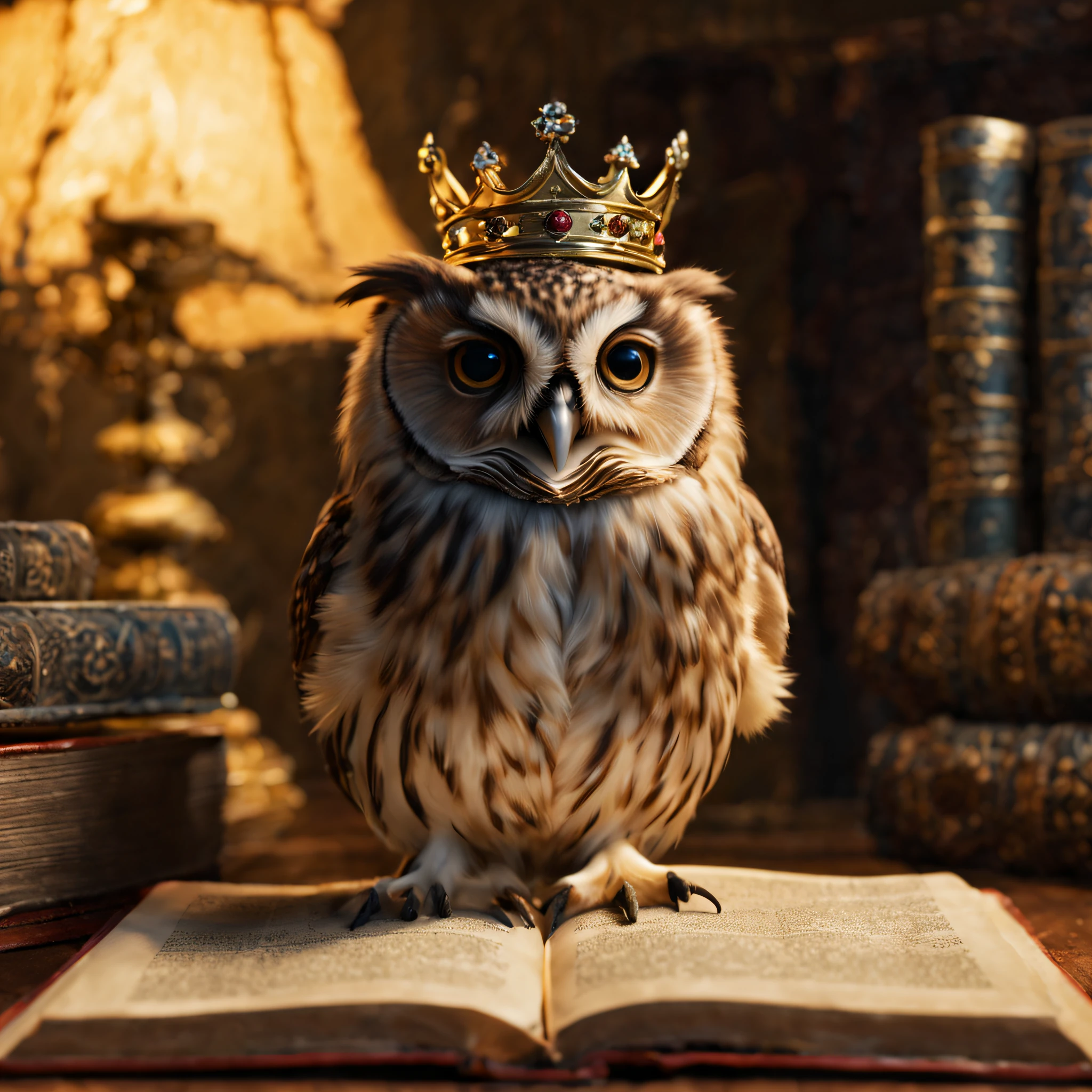 (a tiny owl : put crown on head), (a dictionary:1.2), at night, in room, sigil, 8K, masterpiece, top quality, perfect shading, scenery, wide shot