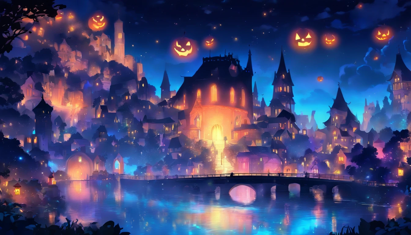 Luzes flutuantes de dia das bruxas, Cinematic light and reflection, luzes brilhantes, Intermediate elements of the metaverse,pintura digital, Reflexos brilhantes, refletir, dia das bruxas Jack-o'-lanterna, Noite tranquila, digital illustation, pleasant environment, Skylights at night, Tranquil atmosphere at night, Jack-o'-lanterna, dia das bruxas, in the nighttime, Thémon, A cena do jogo, dia das bruxas, cercado por nuvens, Buildings in medieval Europe, Telhas esmaltadas, UE, Cores bonitas, There are three arches in the foreground((Tinta colorida)), ( (Espirrar a tinta ) ), ((Espirrar a tinta) Inky})), tmasterpiece, Alta carreira, beautiful graphics, Detalhes altos,magnifica