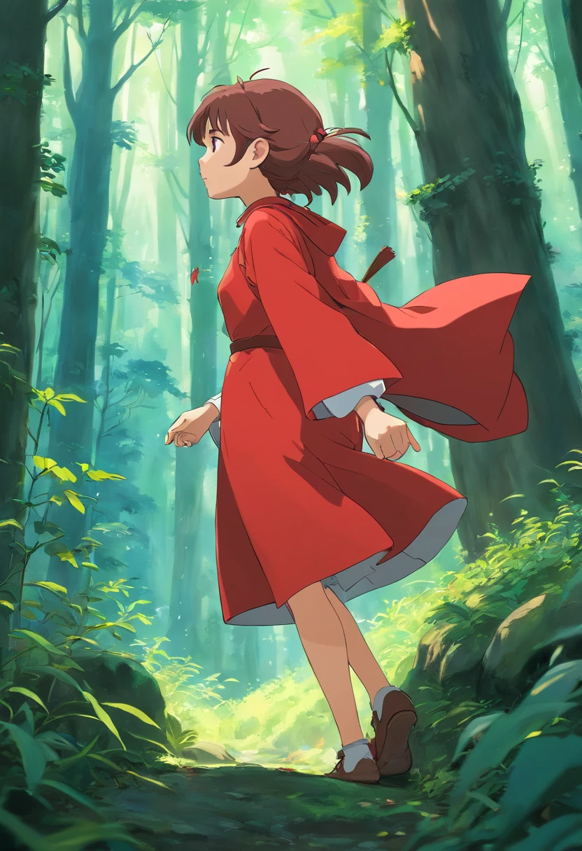 in a dense forest, il fait sombre, il pleut. Fille de profil, red clothing, Hair and clothes blowing in the wind