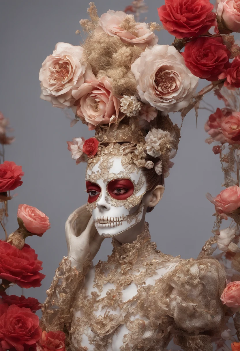 Skeleton stands together in flowers and Rococo-style costumes, intricate skeletal decorations, made of dried flowers, saint skeleton queen, hone onna skeleton geisha, Made of a complex skeleton, Victoria Day of the Dead, hauntingly beautiful art, (( Jour des morts ) ), Katrina,   （The skeleton blends perfectly with the Rococo garment：1.37），The background is big red gold