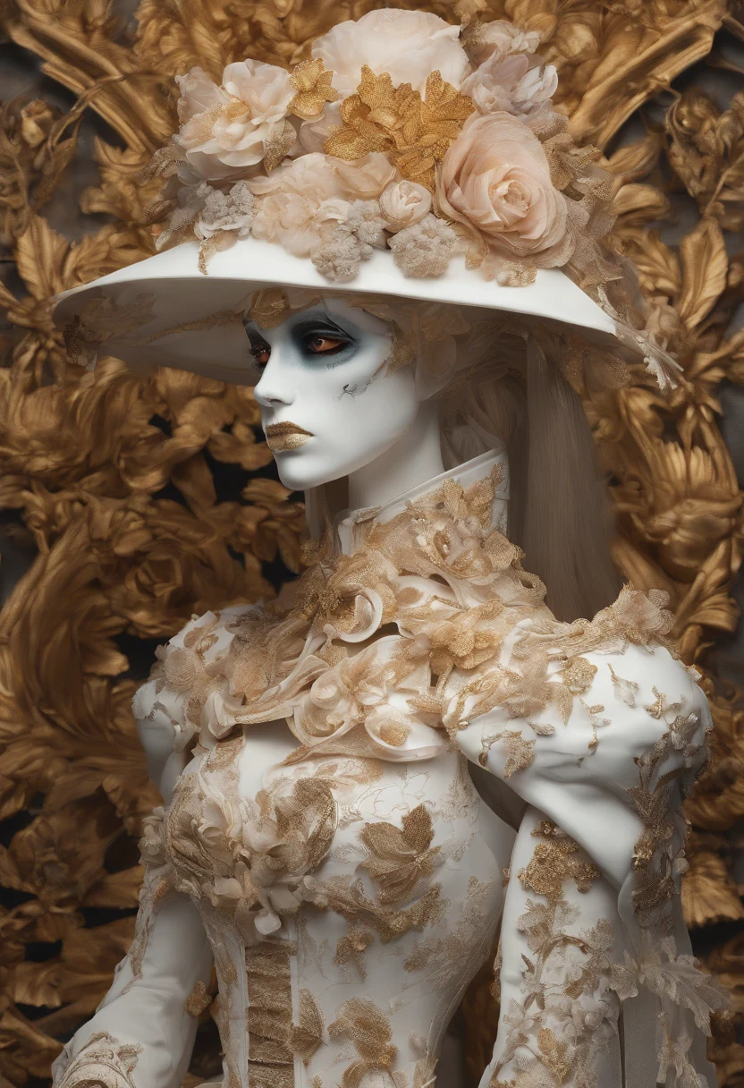 Skeleton stands together in flowers and Rococo-style costumes, intricate skeletal decorations, made of dried flowers, saint skeleton queen, hone onna skeleton geisha, Made of a complex skeleton, Victoria Day of the Dead, hauntingly beautiful art, (( Jour des morts ) ), Katrina, (The skeleton blends perfectly with the Rococo garment:1.37),The background is big red gold