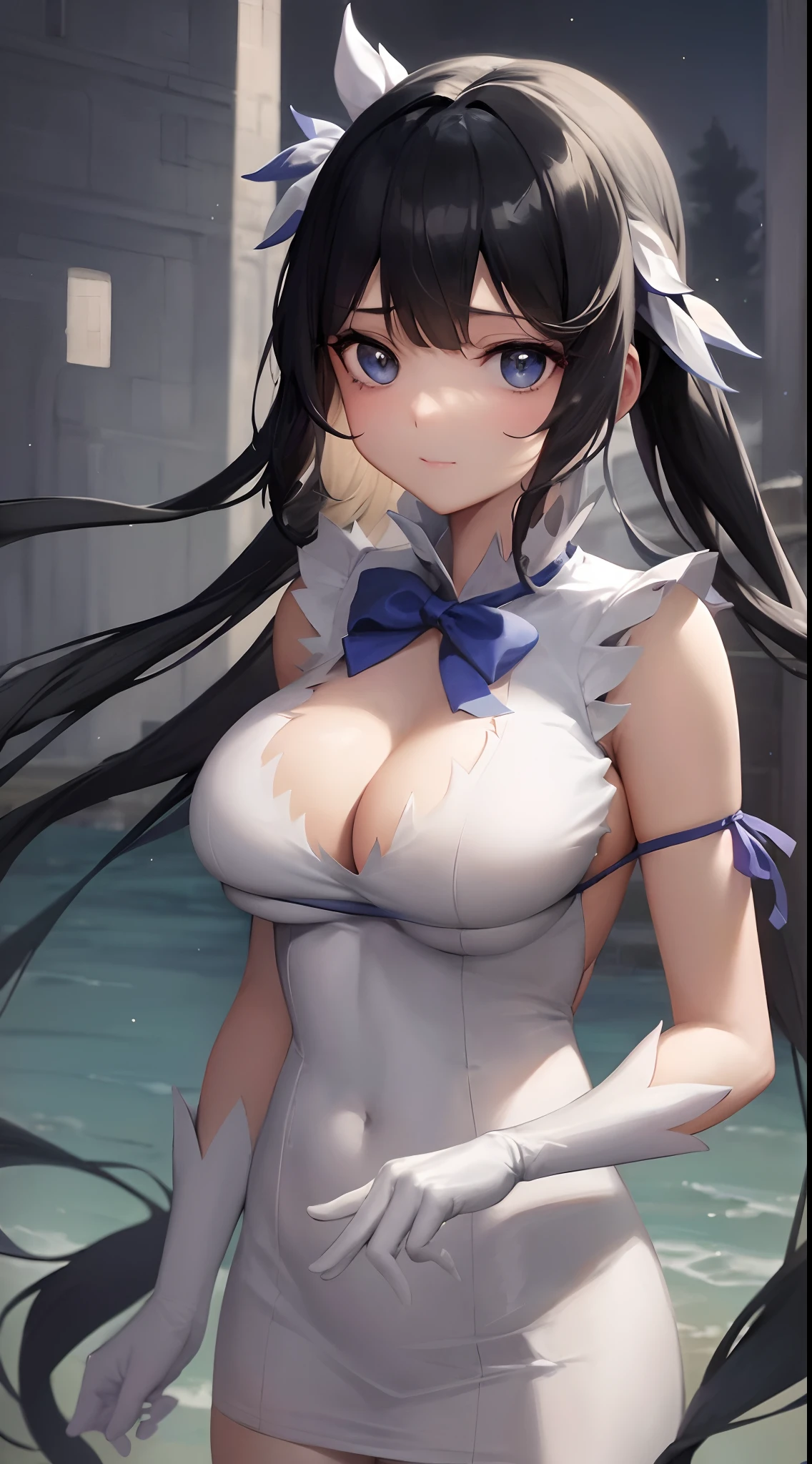 masterpiece, best quality, long eyelashes, eyeliner, eyeshadow, mascara, colorful, pink lips, deep skin, looking at viewer, upper body, curvy, hestia (danmachi), 1girl, breasts, solo, long hair, blue ribbon, twintails, gloves, ribbon, dress, rei no himo, large breasts, blue eyes, black hair, white gloves, cleavage, white dress, looking at viewer, light smile, closed mouth, hair ribbon, bow, sleeveless, sleeveless dress, bangs, blush, cleavage cutout, hair ornament, bowtie, clothing cutout, very long hair, covered navel, arm ribbon, shiny skin, outdoors, grassy fields, blue sky, cloudy sky, tight, taut dress, breast focus, upper body, (masterpiece:1.47746), (highly_detailed:1.05), (highres:1.05), ultra detailed, 100-layers, extremely detailed, intricate, absurdres, small details, ultra detailed, detailed eyes, (intricate details, volumetric lighting, cinematic lighting, award-winning, macro vivid colors, rule of thirds, majestic, detailed, elegant), colorful, realistic lighting, hands behind back