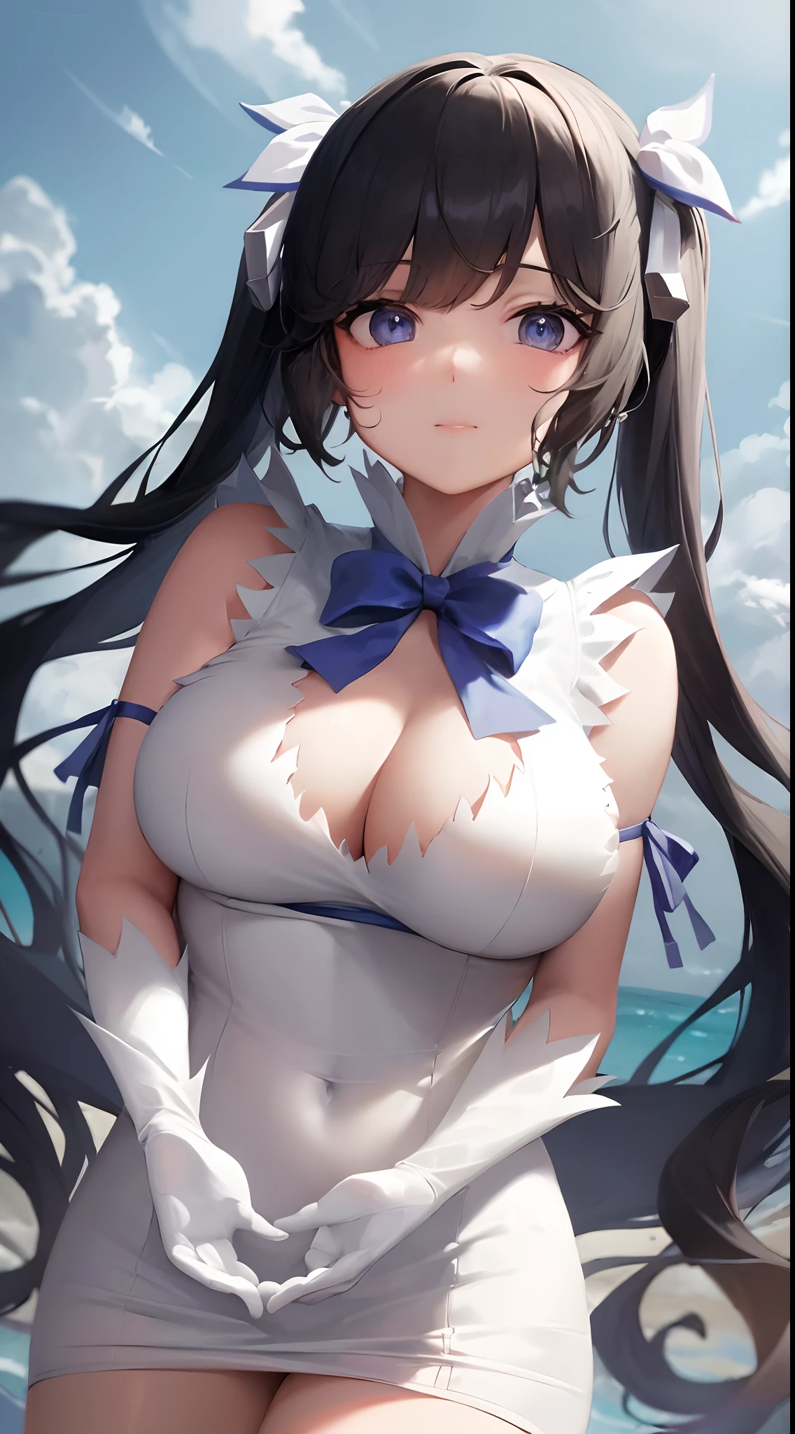 masterpiece, best quality, long eyelashes, eyeliner, eyeshadow, mascara, colorful, pink lips, deep skin, looking at viewer, upper body, curvy, hestia (danmachi), 1girl, breasts, solo, long hair, blue ribbon, twintails, gloves, ribbon, dress, rei no himo, large breasts, blue eyes, black hair, white gloves, cleavage, white dress, looking at viewer, light smile, closed mouth, hair ribbon, bow, sleeveless, sleeveless dress, bangs, blush, cleavage cutout, hair ornament, bowtie, clothing cutout, very long hair, covered navel, arm ribbon, shiny skin, outdoors, grassy fields, blue sky, cloudy sky, tight, taut dress, breast focus, upper body, (masterpiece:1.47746), (highly_detailed:1.05), (highres:1.05), ultra detailed, 100-layers,  extremely detailed, intricate, absurdres, small details, ultra detailed, detailed eyes, (intricate details, volumetric lighting, cinematic lighting, award-winning, macro vivid colors, rule of thirds, majestic, detailed, elegant), colorful, realistic lighting, hands behind back