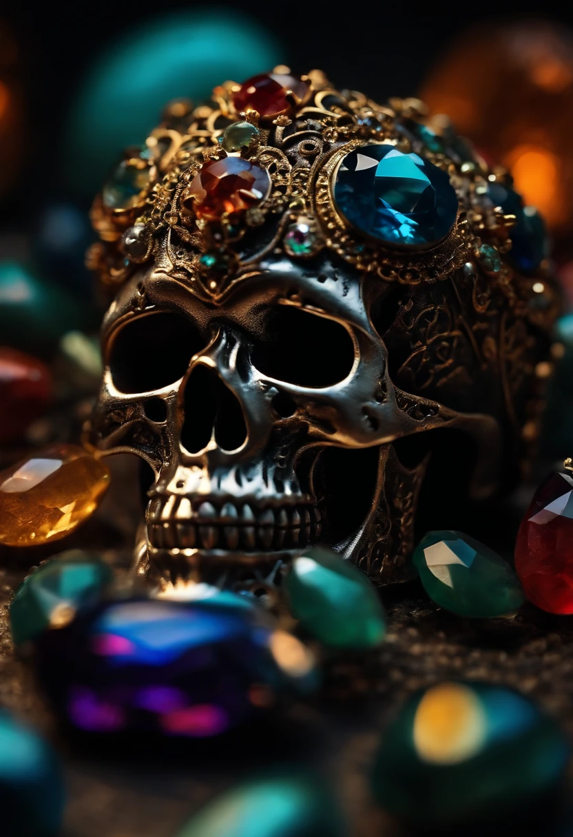 (Colorful magic), (Grim), Magical skulls among gemstones, Focus on the ring ,(Intricate details), (ultra - detailed), 16K HD, high detal, A lot of detail, High quality, Soft cinematic light, Dramatic atmosphere, Atmospheric perspective