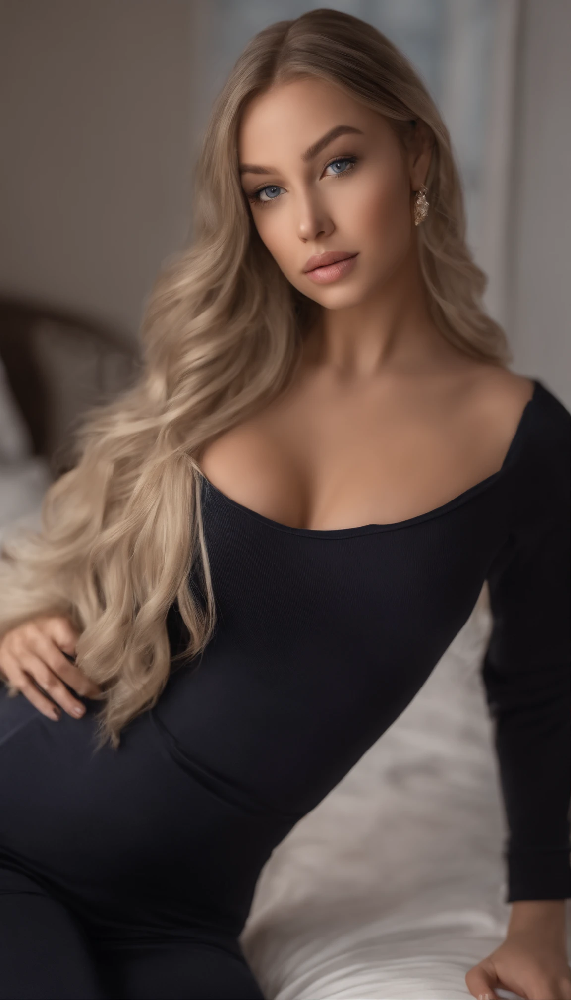 arafed woman fully , sexy girl with blue eyes, ultra realistic, meticulously detailed, portrait sophie mudd, blonde hair and large eyes, selfie of a young woman, bedroom eyes, violet myers, without makeup, natural makeup, looking directly at the camera, face with artgram, subtle makeup, stunning full body shot kneeling on bed, in bedroom, medium to large size bust