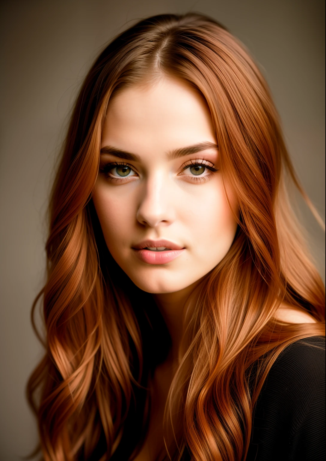 RAW, analog style, A stunning portrait of a young, beautiful woman with striking features. She should have long, flowing red hair, a captivating gaze, and an alluring expression. The background should be neutral and simple, allowing the woman to be the image's focal point. Please pay close attention to the details, such as the highlights and shadows on her face and hair, to create a lifelike and realistic image. Experiment with different lighting techniques to enhance the mood and atmosphere of the portrait. The final product should be a masterpiece that captures the essence and beauty of the woman, ((highly detailed skin, skin details)), sharp focus, volumetric fog, 8k UHD, DSLR, high quality, film grain, Fujifilm XT3, full body