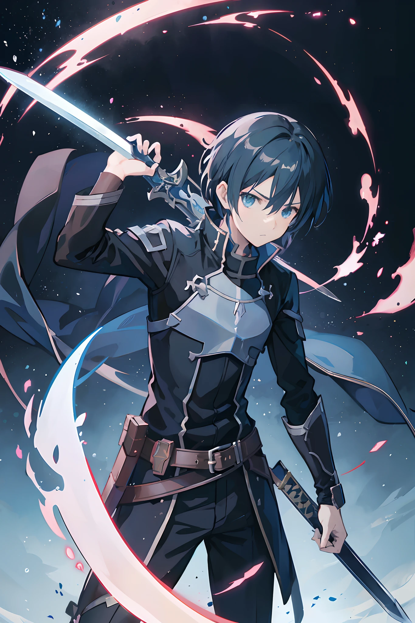 a person with a sword in their hand, kirito, sao style anime, grimgar, sao, ufotable studio art style, anime style like fate/stay night, epic artwork, holding sword, male anime character, sword art online, wielding a sword, whitesmith, high resolution, ultrasharp, 8K, masterpiece, looking at viewer