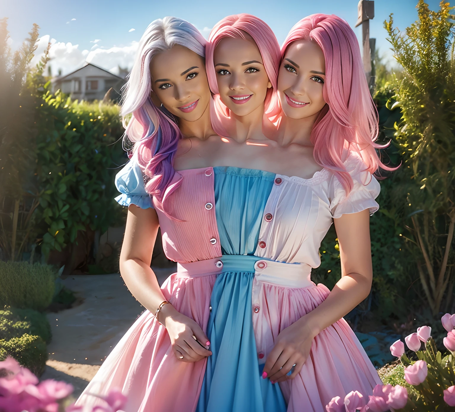Two women with pink hair and blue dresses posing for a picture - SeaArt AI
