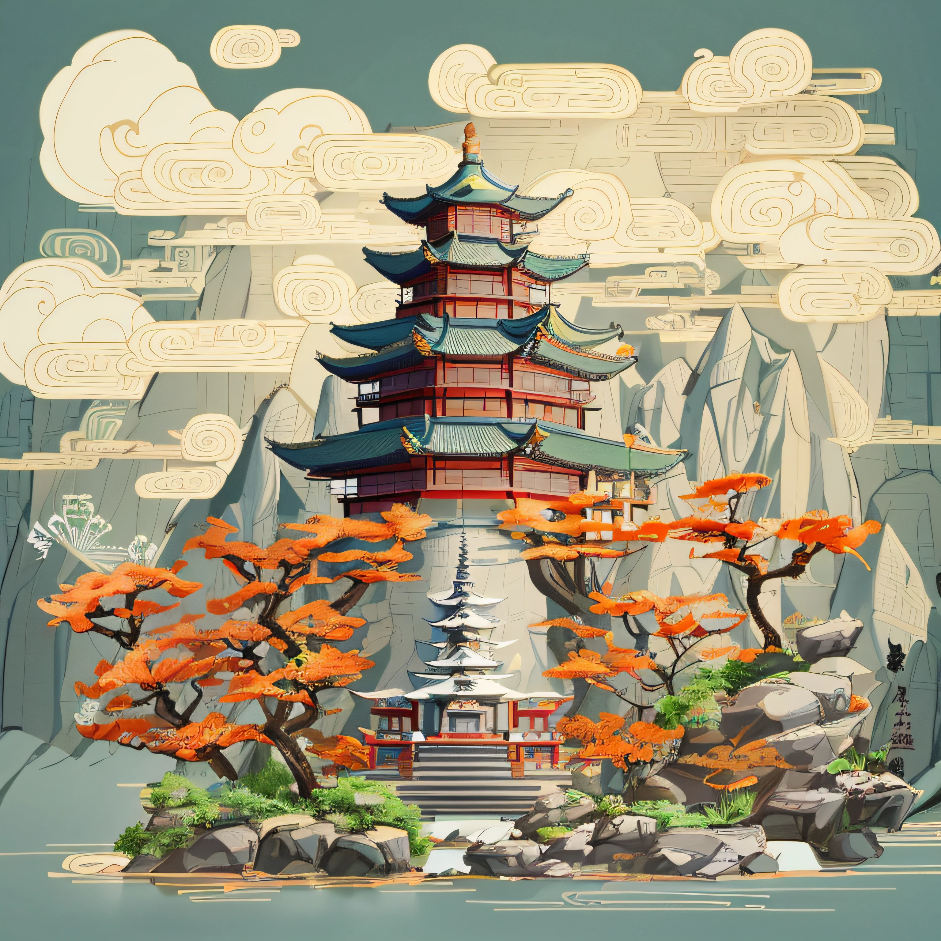 There is a picture of a pagoda，There is a statue in the middle, digital painting of a pagoda, Zen temple background, A beautiful artwork illustration, background depicting a temple, guanyin of the southern seas, ancient china art style, Temple background, Chinese watercolor style, serene illustration, pagoda, Guanyin, cyberpunk chinese ancient castle, beautiful painting of a tall