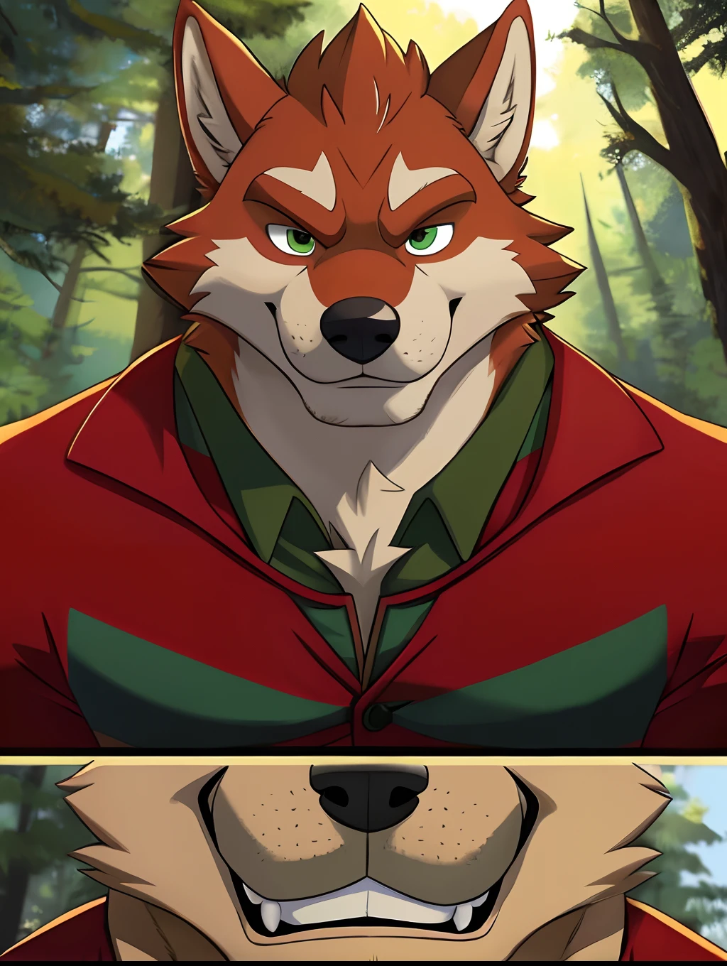 An Anthro Male Wolf, Brown fur coat, Green eyes, Chubby, Muscular, Woods background, forest background, Red Outfit, Fierce look, Smirk, Close up, Red Adventuring Outfit, Robin hood styled