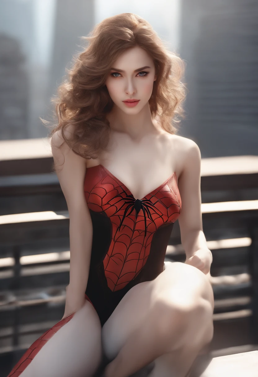 (1girl:1.3), Solo, (((Very detailed face)))), ((Very detailed eyes and face)))), Beautiful detail eyes, Body parts__, Official art, Unified 8k wallpaper, Super detailed, beautiful and beautiful, beautiful, masterpiece, best quality, original, masterpiece, super fine photo, best quality, super high resolution, realistic realism, sunlight, full body portrait, amazing beauty, dynamic pose, delicate face, vibrant eyes, (from the front), She wears Spider-Man suit, red and black color scheme, spider, very detailed city roof background, rooftop, overlooking the city, detailed face, detailed complex busy background, messy, gorgeous, milky white, highly detailed skin, realistic skin details, visible pores, clear focus, volumetric fog, 8k uhd, DSLR, high quality, film grain, fair skin, photo realism, lomography, futuristic dystopian megalopolis, translucent