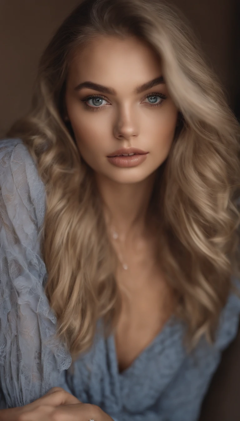 arafed frau voll , Sexy girl with blue eyes, ultra realistisch, Akribisch detailliert, portrait sophie mudd, blonde hair and large eyes, Selfie einer jungen Frau, Augen im Schlafzimmer, Violet Myers, ohne Make-up, Natural makeup, Blick direkt in die Kamera, Gesicht mit Artgram, dezentes Make-up, Stunning full body shot, die auf dem Bett kniet, im Schlafzimmer, medium to large bust size