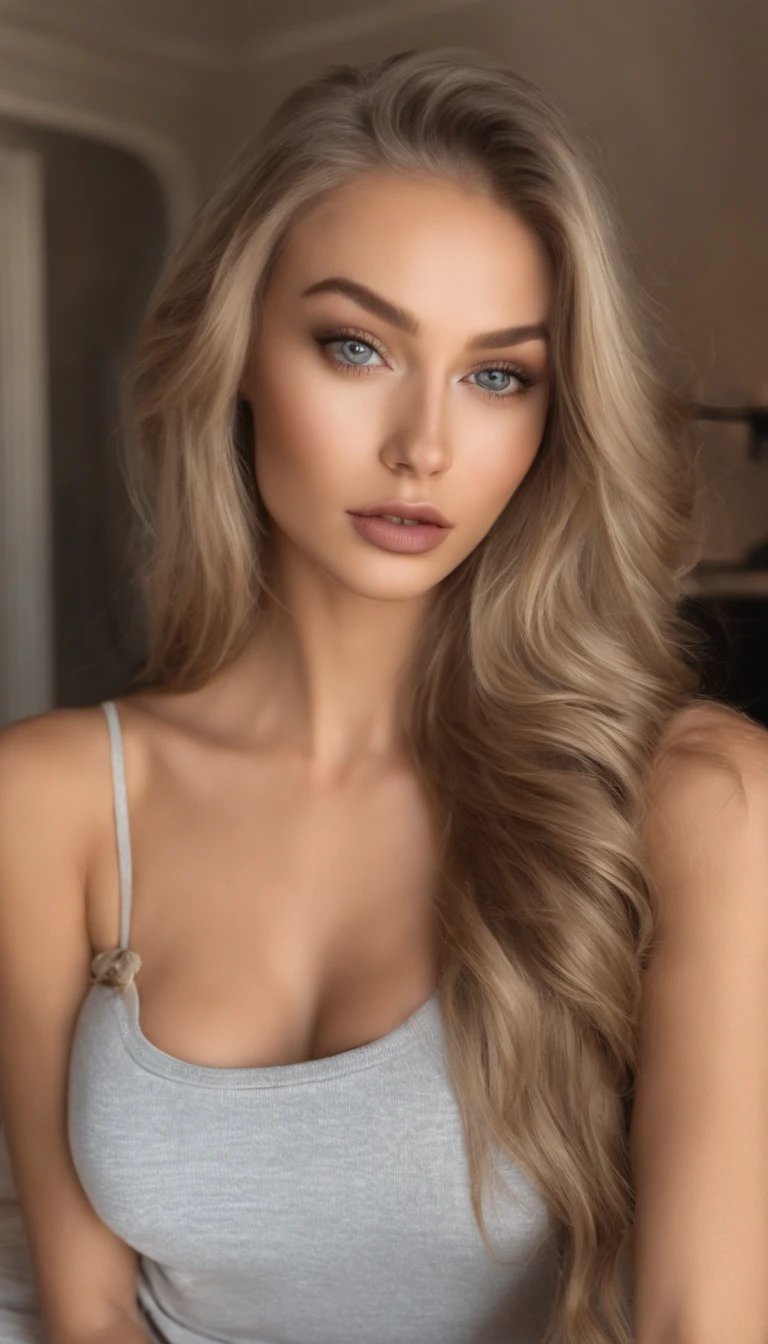 Arafed woman completely , fille sexy aux yeux bleus, ultra realist, Meticulously detailed, Portrait Sophie Mudd, en bikini, avec des gros seins, cheveux blonds et grands yeux, selfie of a young woman, Yeux de chambre, Violet Myers, sans maquillage, maquillage naturel, looking straight at camera, Visage avec Artgram, Maquillage subtil, Great photo of the whole body kneeling on the bed, dans la chambre, Medium to large bust