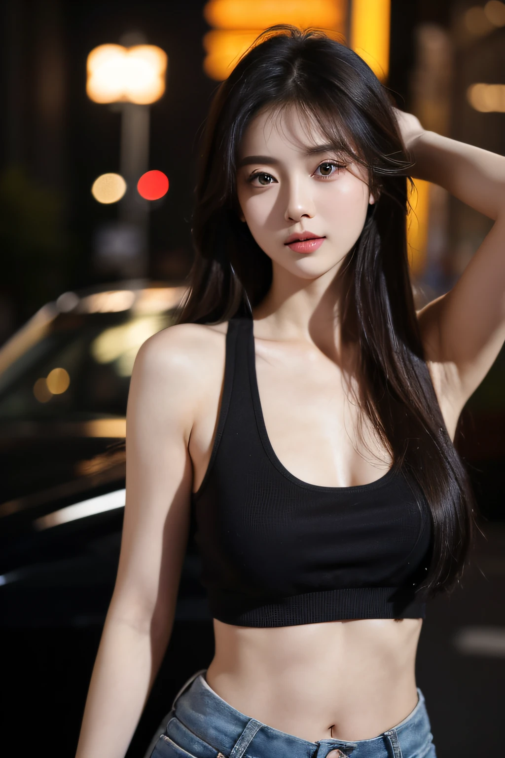 (top-quality,masterpiece),ighly detailed,,photographrealistic, extremely detailed cute girl, 25 years old, A detailed eye,peeping at the viewer, Upper body , (hairarmpits) , (perspired) , Black tank top, nightcity,Navel Ejection,