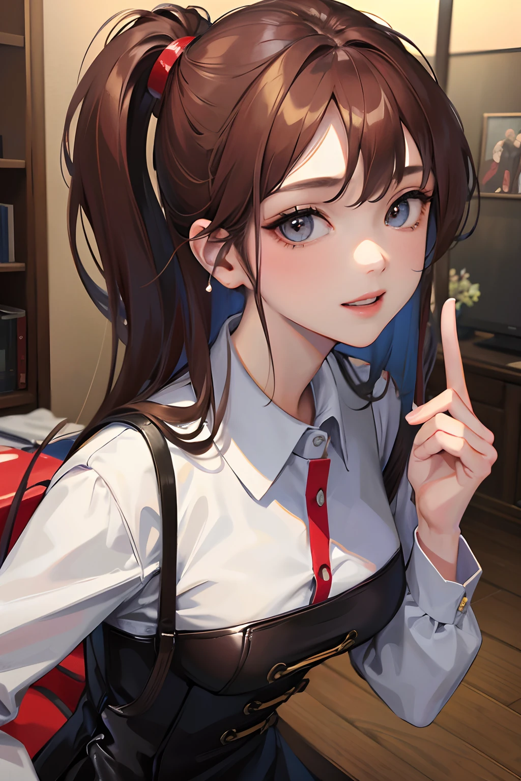 Works of masters，Best image quality，超高分辨率，8K分辨率，Realistic portraits，Exquisite facial features，s the perfect face，Girl，solo person，fireman，ssmile，mid hair，brunette color hair，Wave head，eardrop，Collar，Combat boots，are standing，Facing the viewer，城市，aerodrome