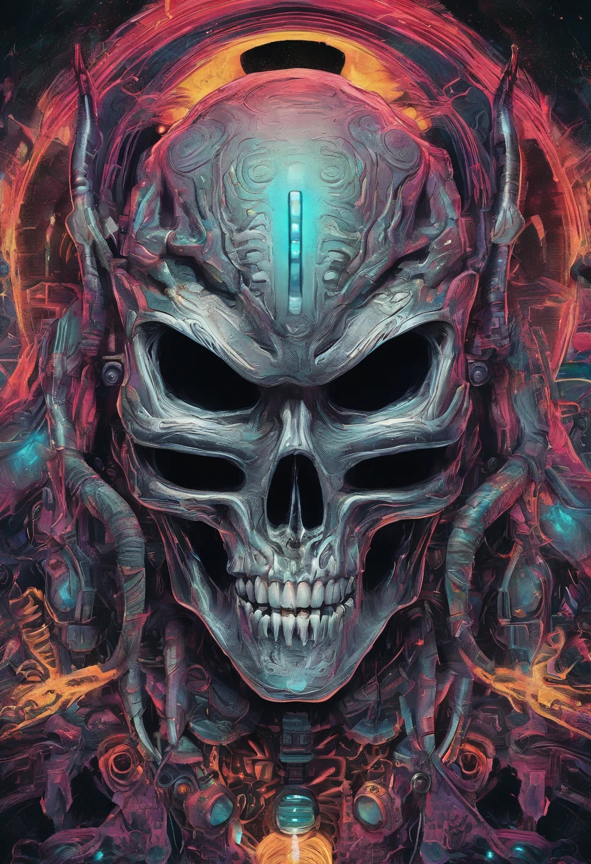 A close-up of an angry skull with an eye, Viking symbols, Striking the skull, broken teeth, fantasy skull, scary detailed art in color, Spooky color art 8K, Sacred skull, Psychedelic background tricks, Detailed digital art, textur, Sacred skull , psychedelic illustrations, Textured skull, skeleton face, death skull, Creepy colorful art, Psychedelic art style