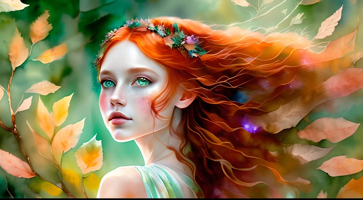 (a beautiful, enchanting, mysterious girl with striking emerald eyes and flowing auburn hair),(magical, ethereal, nature-inspired),(dancing leaves, shimmering moonlight, ancient trees),(best quality, vivid colors, dreamlike),(watercolor painting, fantasy),(soft pastel palette, subtle glowing shadows),(warm, gentle sunlight filtering through the canopy)