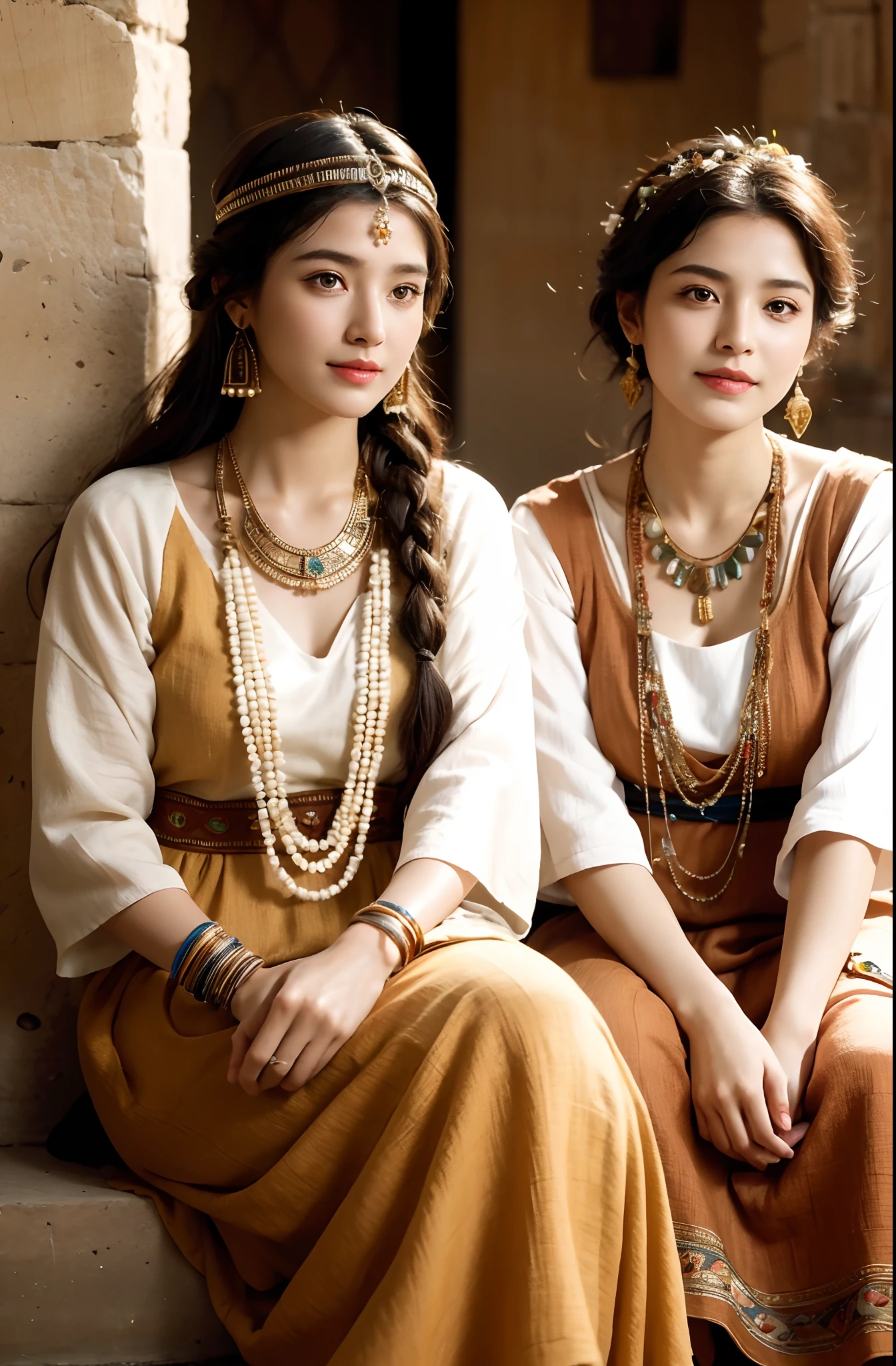 The proportions are the same for all races, All faces and pictures must be different, high quality, ultra-realistic, closeup portrait of two Beautiful women of ancient Mesopotamia,leering:1.4,dynamic pose, ancient Mesopotamian civilization, Babylonia, Uruk, tunics of various lengths, linen garments, agate necklaces,translucent paisley clothing, Kaunakes, bronze ware, a little smile, high adobe walls, luminism, 3d render, octane render, cinematic, Isometric, awesome full color, 8K Ultra HD, by yukisakura, high detailed,