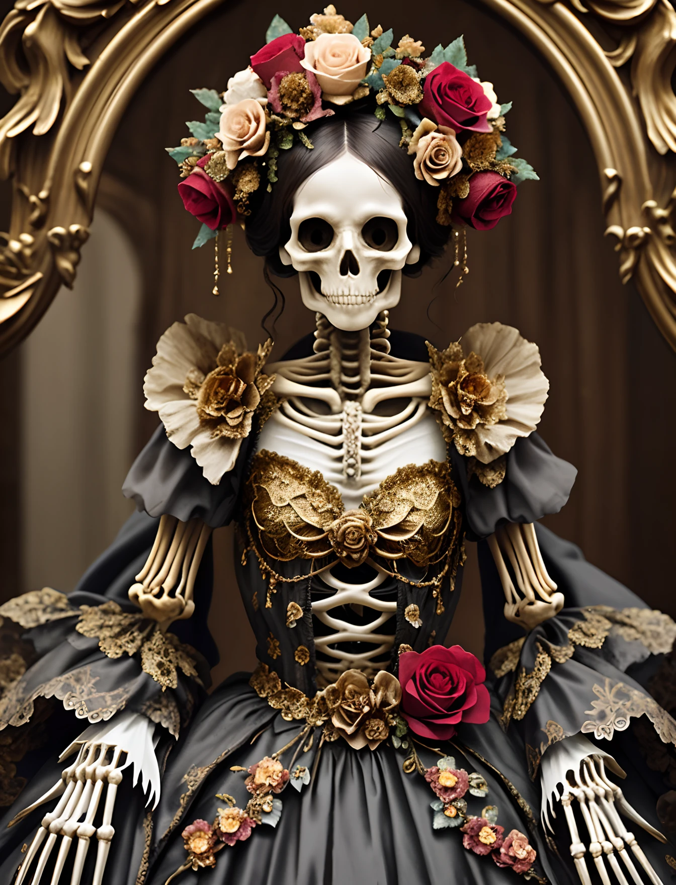 Skeleton stands together in flowers and Rococo-style costumes, intricate skeletal decorations, made of dried flowers, saint skeleton queen, hone onna skeleton geisha, Made of a complex skeleton, Victoria Day of the Dead, hauntingly beautiful art, (( Jour des morts ) ), Katrina, (The skeleton blends perfectly with the Rococo garment:1.37),The background is big red gold