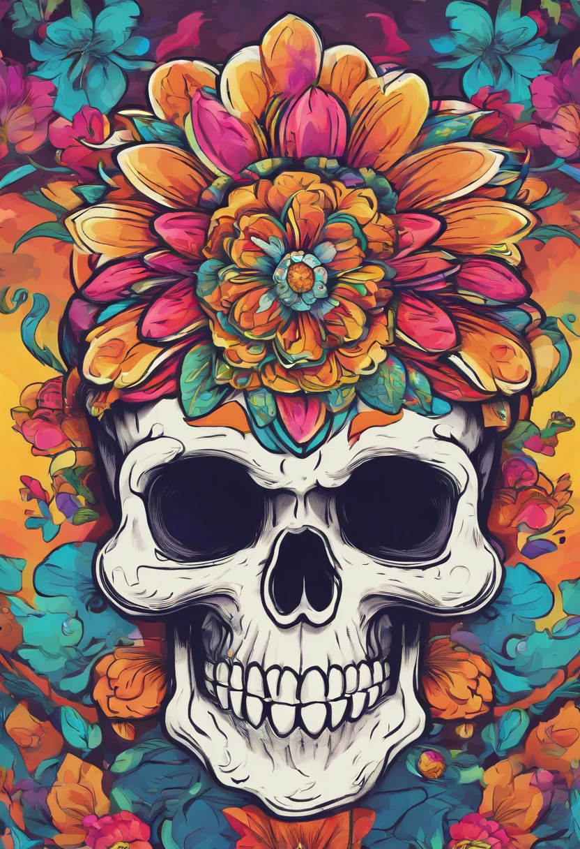 Close-up of a skull with a flower on the head, fantasy skull, scary detailed art in color, Scary color art in 4 K, Sacred skull, Changeable psychedelic background, detailed digital artwork, caveira, Sacred skull, psychedelic illustrations, Sugar skull, skeleton face, death skull, Colorful horror art, skull liminal void background, Psychedelic art style