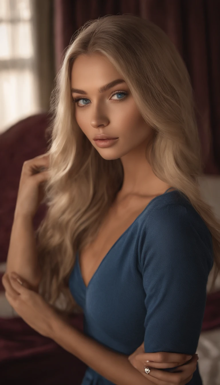 arafed woman fully , sexy girl with blue eyes, ultra realistic, meticulously detailed, portrait sophie mudd, blonde hair and large eyes, selfie of a young woman, bedroom eyes, violet myers, without makeup, natural makeup, looking directly at the camera, face with artgram, subtle makeup, stunning full body shot kneeling on bed, in bedroom, medium to large size bust