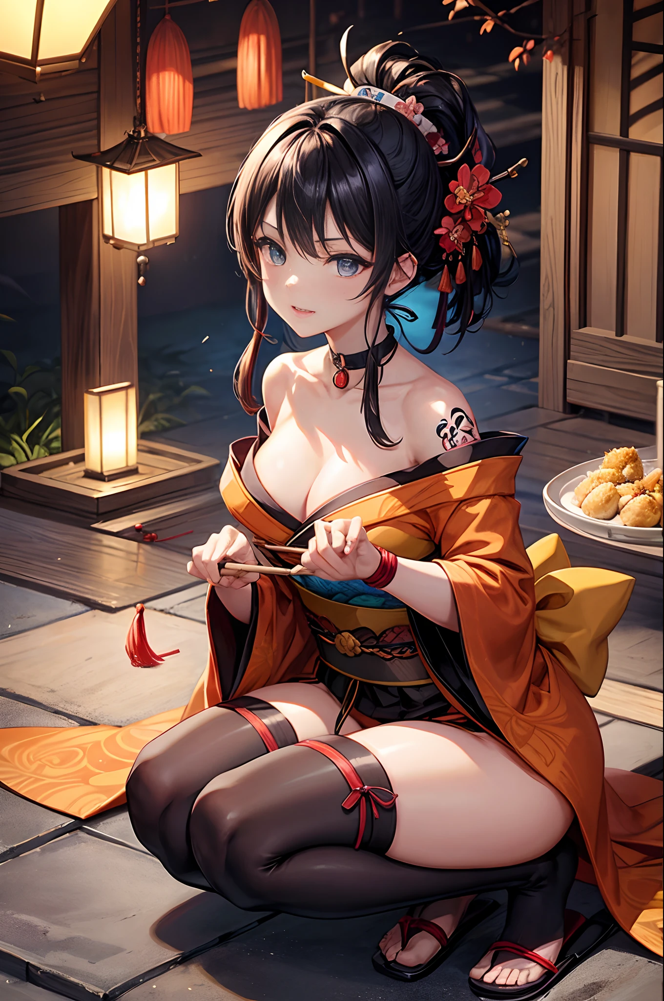 masterpiece、best、Hi-Res、1 female、A dark-haired、Medium Hair、Asymmetrical hair、Floating hair、blindfolds、High Ponytail、side locks、hair adornments、Fish hair ornament、tassels、Kanzashi、bangss、light blue eyes、Beginning、ssmile, tusk, Only the upper teeth, a choker, a red choker, Pendant Choker, Butterfly Choker, 鎖骨, The tattoo, Chest Tattoo, Flower tattoo, cleavage of the breast, middlebreasts, thighs thighs thighs thighs, bandaged, Bandaged Legs, sarashi, Budget Sarashi, Breast sarashi, Black sash、 Hadanugi Dosa 、 Broomstick 、 Komono 、 Kimono 、 Drawstring 、 Obi 、 Obiage 、 Obi tightening 、 Orange kimono 、 Drawstring 、 Patterned kimono 、 noose 、 Obi 、 Shimenawa 、 Short kimono 、 Piece bare shoulders 、 phantom(Genshin) 、 East Asian Architecture 、cherry trees, full body Esbian, crouching down, sparkler fireworks, natta, sparklers, sparklers, cross one's legs, an legs, single glove, Single fingerless gloves, wristbands, Black socks,