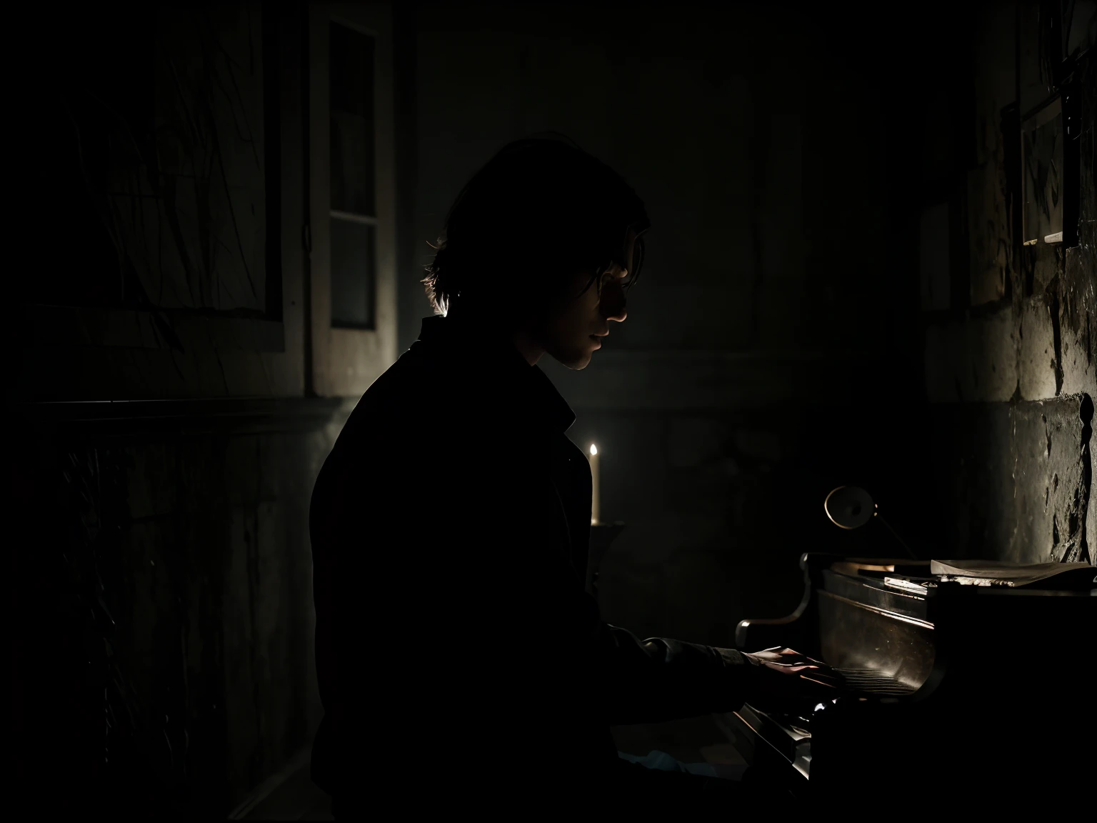 In the dimly lit room, a brooding and melancholic atmosphere permeates every corner. Shadows cling to the rugged surfaces, revealing a lone figure huddled in the corner. The subject, a solitary pianist, captivates viewers with his disheveled appearance and haunted eyes. The image, a digital photograph, exudes a somber beauty that is enhanced by its impeccable composition and masterful play of light and darkness. Expertly captured, the image portrays a profound sense of solitude and introspection, inviting viewers to delve into the depths of the musician's tormented soul.