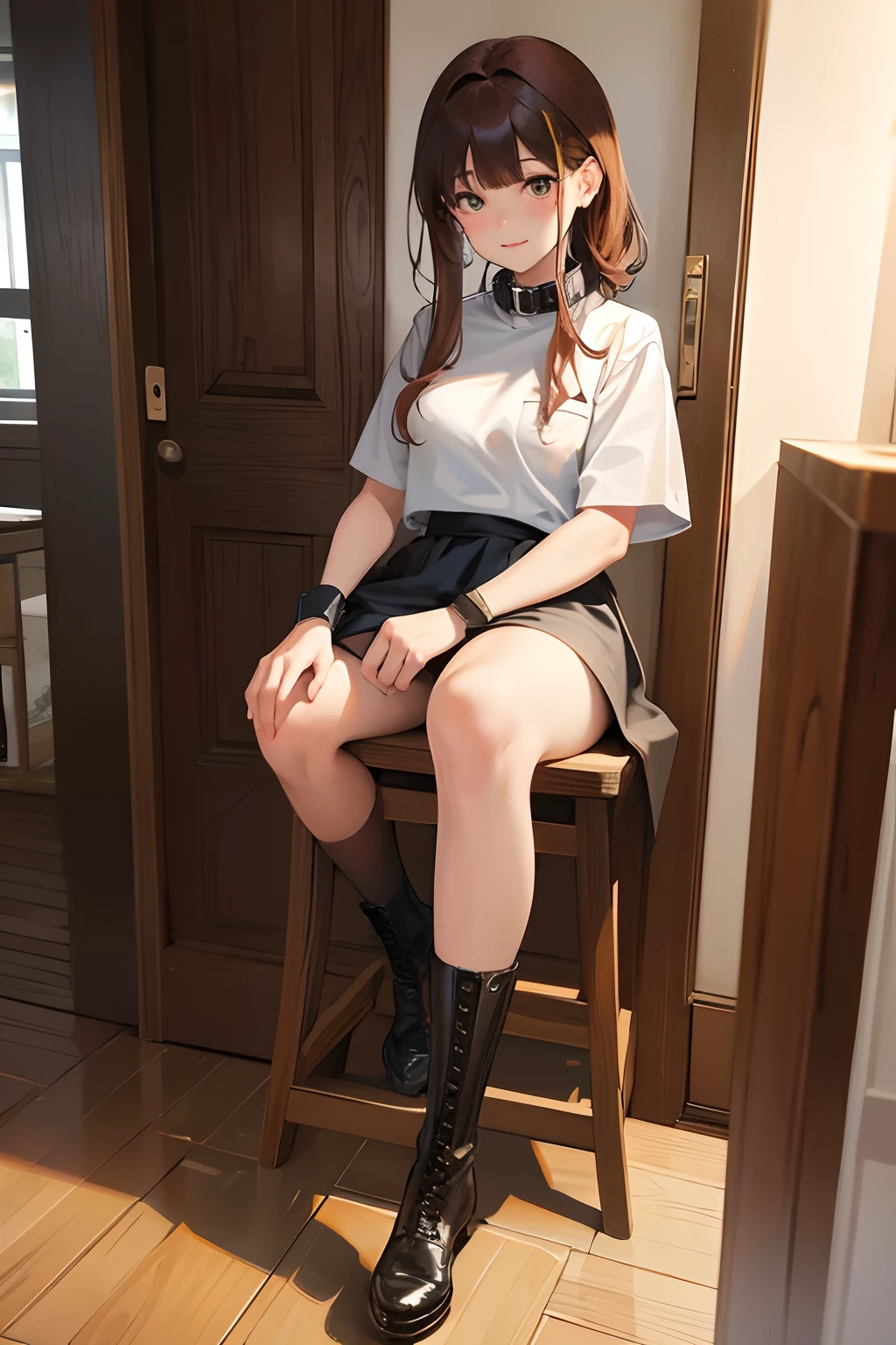 Works of masters，Best image quality，超高分辨率，8K分辨率，Realistic portraits，Exquisite facial features，s the perfect face，Girl，solo person，fireman，ssmile，mid hair，brunette color hair，Wave head，eardrop，Collar，Combat boots，are standing，Facing the viewer，城市，aerodrome