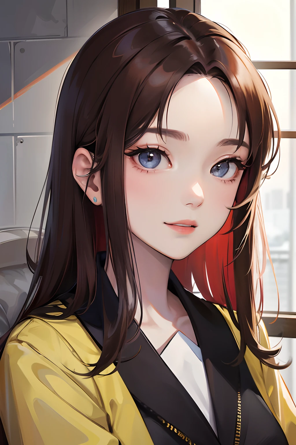Works of masters,Best image quality,超高分辨率,8K分辨率,Realistic portraits,Exquisite facial features,s the perfect face,Girl,solo person,fireman,ssmile,mid hair,brunette color hair,Wave head,eardrop,Collar,Combat boots,are standing,Facing the viewer,城市,aerodrome