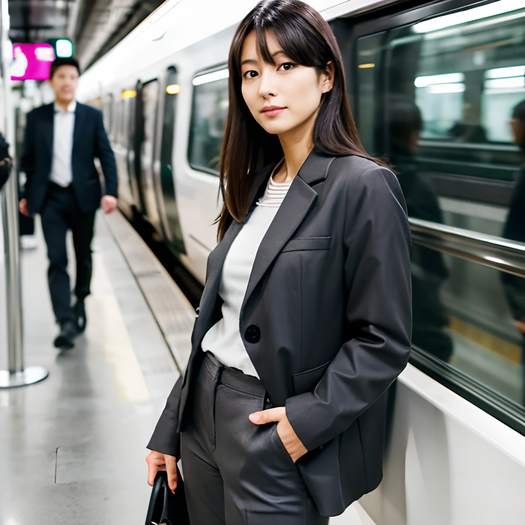 A Japanese business woman working for a trade company standing in a crowded train, wearing dark gray jacket and tight cotton pants for business, full body portrait over the knee, 30 years old but cute face, detailed, high quality