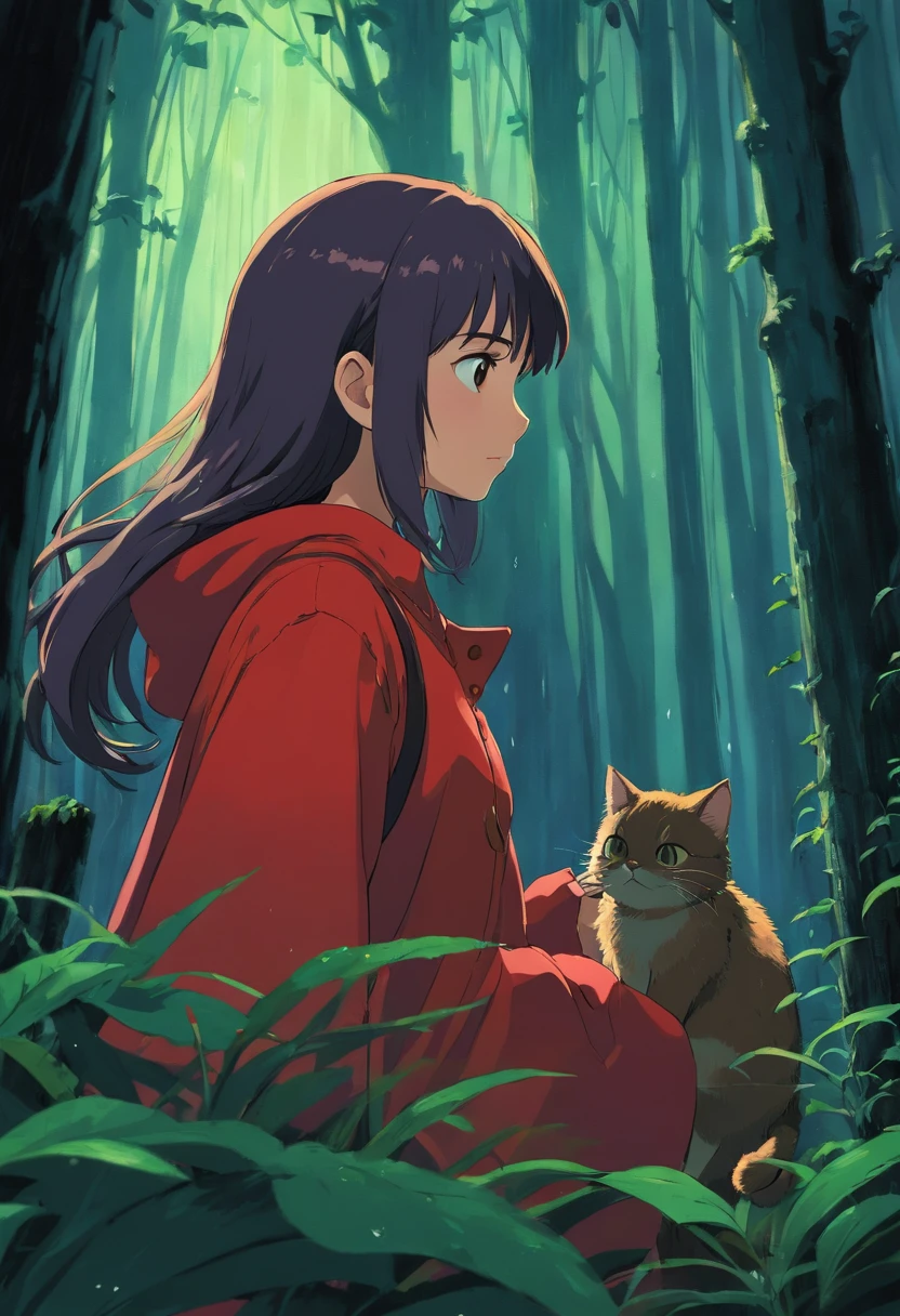 pluie, dark forest, une fille de profil, red clothing, avec un chat. very dark, highly quality