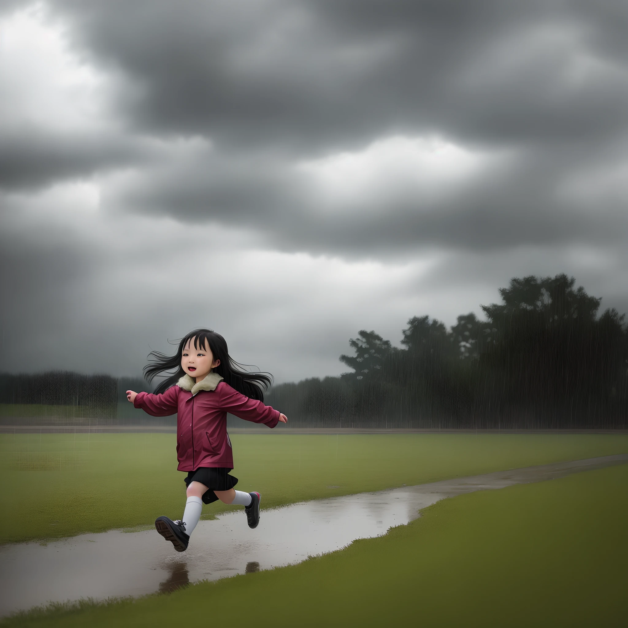 On a rainy day with dark clouds, a girl with long lively hair runs on the grass