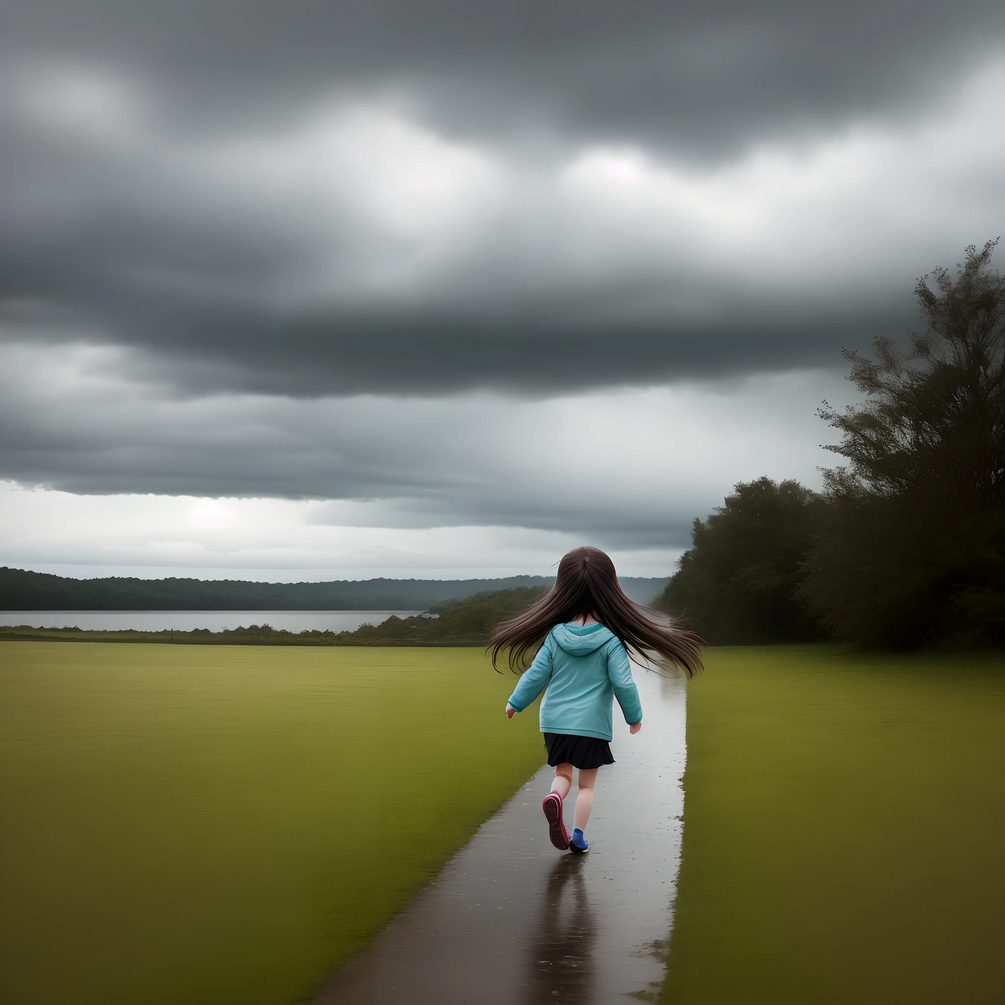 On a rainy day with dark clouds, a little girl with long lively hair runs on the grass