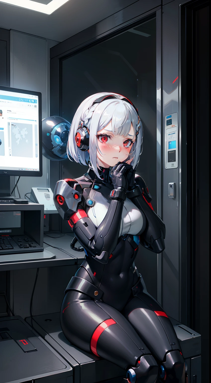 1 girl closeup, android, gynoid, mecha girl, headphones, spherical joint, silver hair, red eyes, bob cut, braid, sitting, hands on their face, embarrassed, blush, concept art, beautiful anime scene, beautiful anime scenery, top rated on pixiv, best quality, 4K