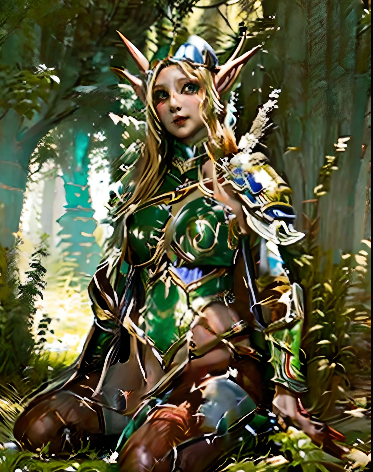 Female Elf Archer, Longbow, Arrow, alluring elf princess knight, elf girl, elf princess knight, heroes of might and magic, mephala, tree, forest background, fantasy, asian girl, bueatyfull, armour, brown hair. Realitis