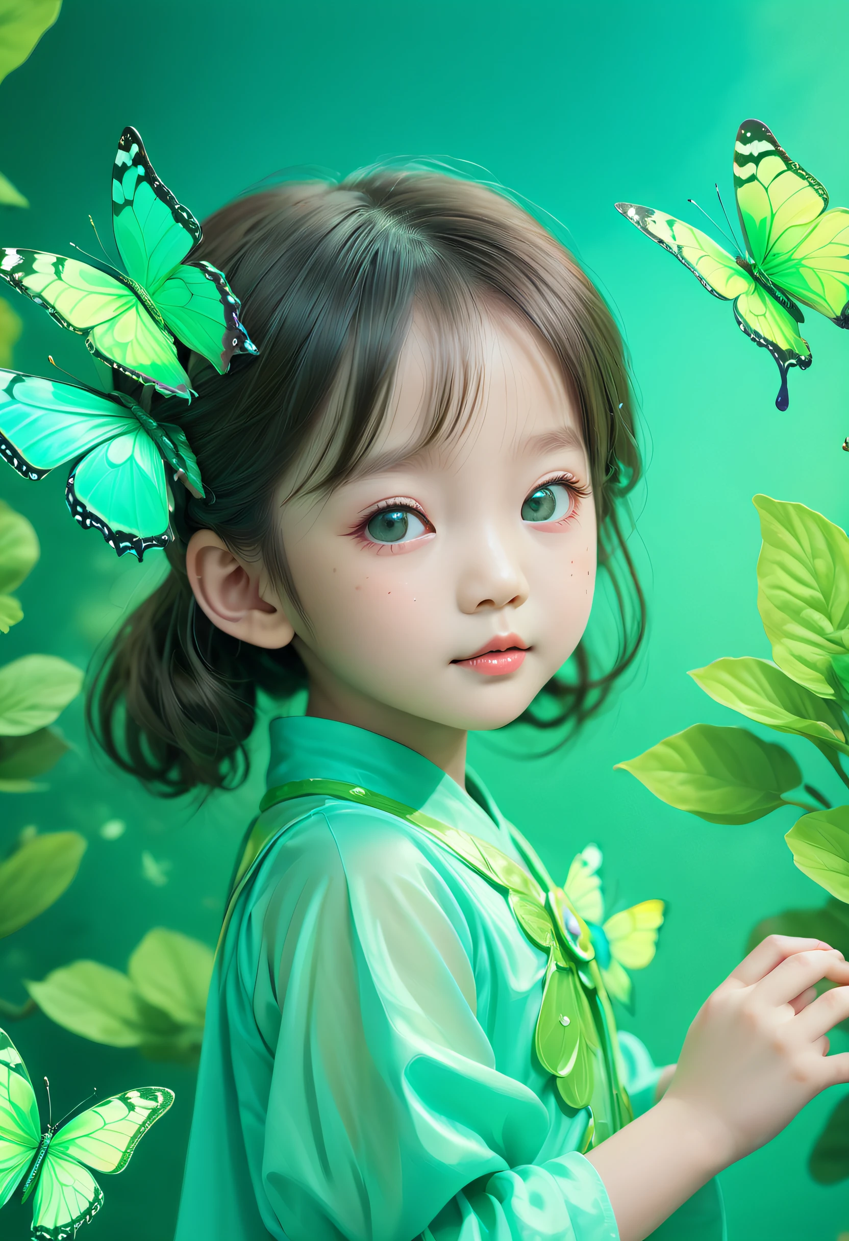 🦋Art photography, a 5--old l from China, green butterfly,in a colorful fantasy realism style, realistic color palette, wink and you miss details, japanese style art, fluid and organic shapes, Light teal, light reflection