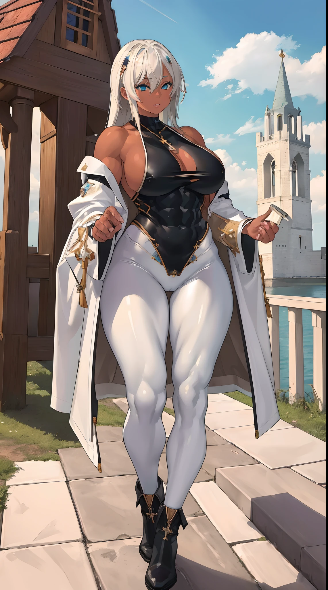 (Masterpiece, best quality), (highres, ultra-detailed), ( perfect anatomy), outdoors, 1girl, solo, sela, large breasts, tan, necklace, white sleeves, muscular, , full body, priestess, church, religous, pants, coat, pullover, boots, body suit, big robe,black body suit, robe