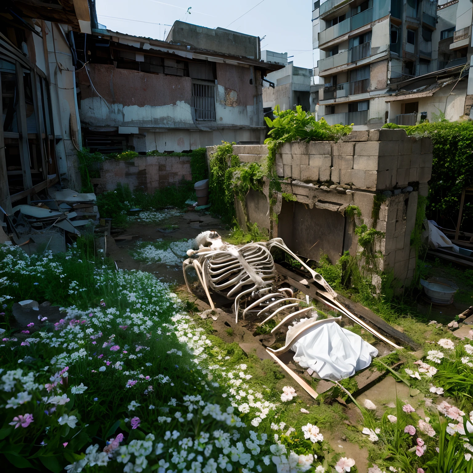skeleton、ruins、Flowers are blooming randomly from all over the corpse、grotesque