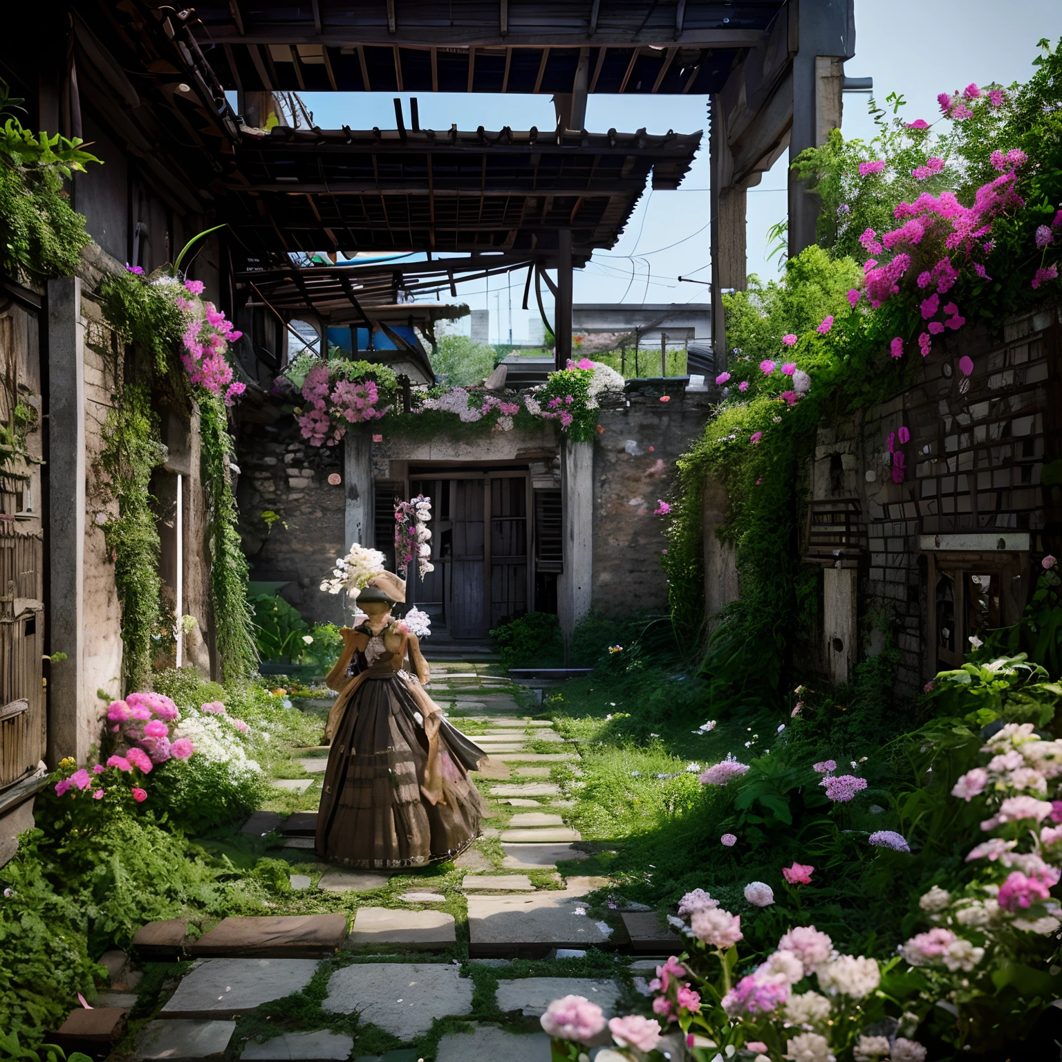 skeleton、ruins、Flowers are blooming randomly from all over the corpse、grotesque
