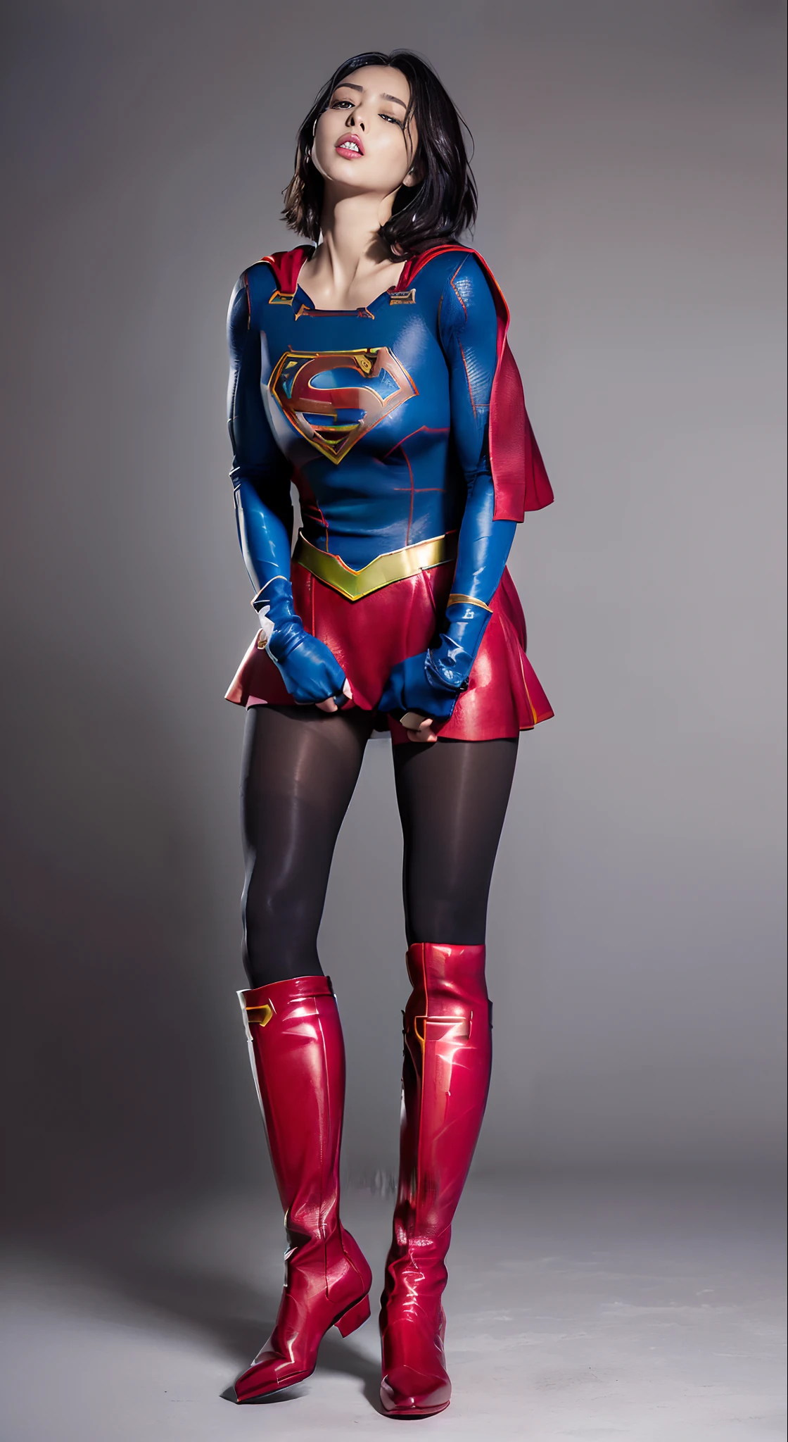fainting、distressed look、My crotch hurts、Suffering、Done、defeated、Defeated by enemies、(((Wear black tights on your beautiful legs.)))、(((beauty legs)))、(((Painful look)))、((((Make the most of the original image)))、(((Supergirl Costume)))、(((Beautiful short hair、The hair)))、(((Suffering)))、(((Feet must necessarily be worn with black tights)))、(((You need to wear red boots)))、((Top image quality、8K))、((top-quality、8K、masterpiece:1.3))、(((Keep your background simple)))、Crisp focus:1.2、Beautiful woman with perfect body shape:1.4、Slender Abs:1.2、a wet body:1.5、Highly detailed facial and skin texture、8K、Keep your background simple